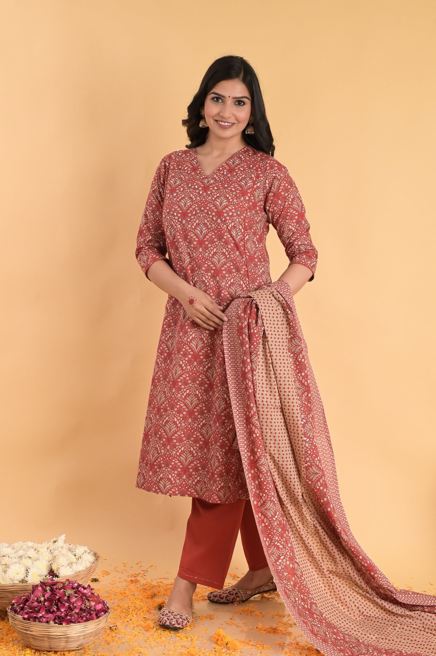A-Line Cotton Red Kurta Set