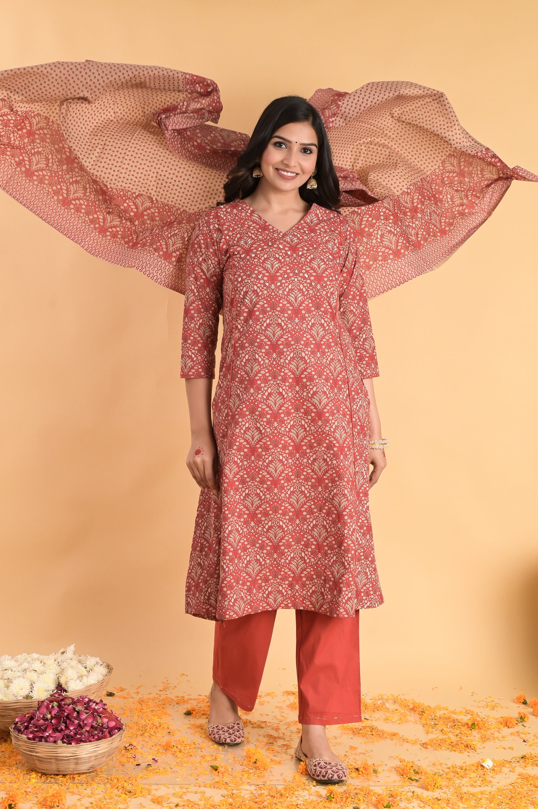 A-Line Cotton Red Kurta Set