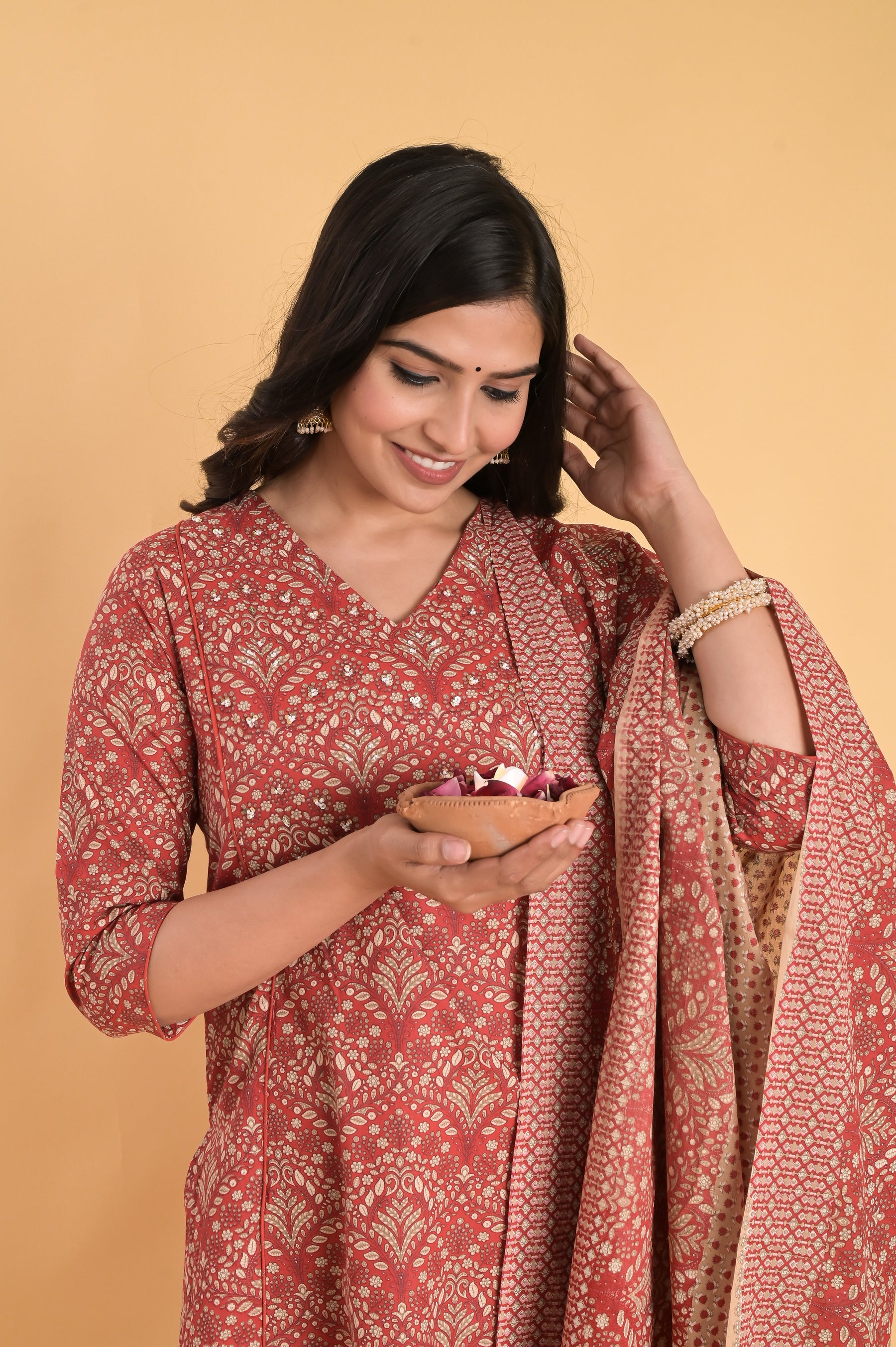 A-Line Cotton Red Kurta Set