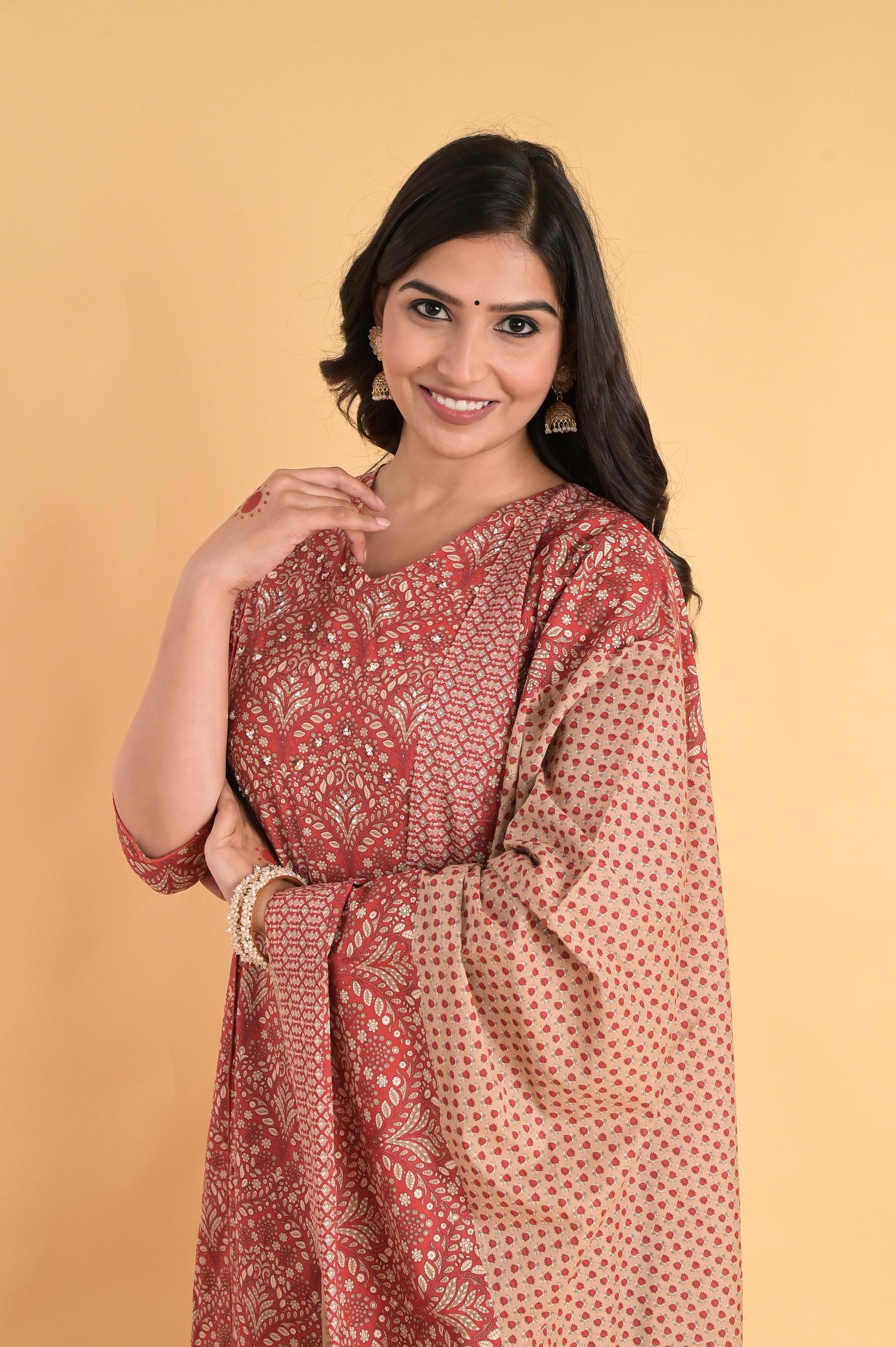 A-Line Cotton Red Kurta Set