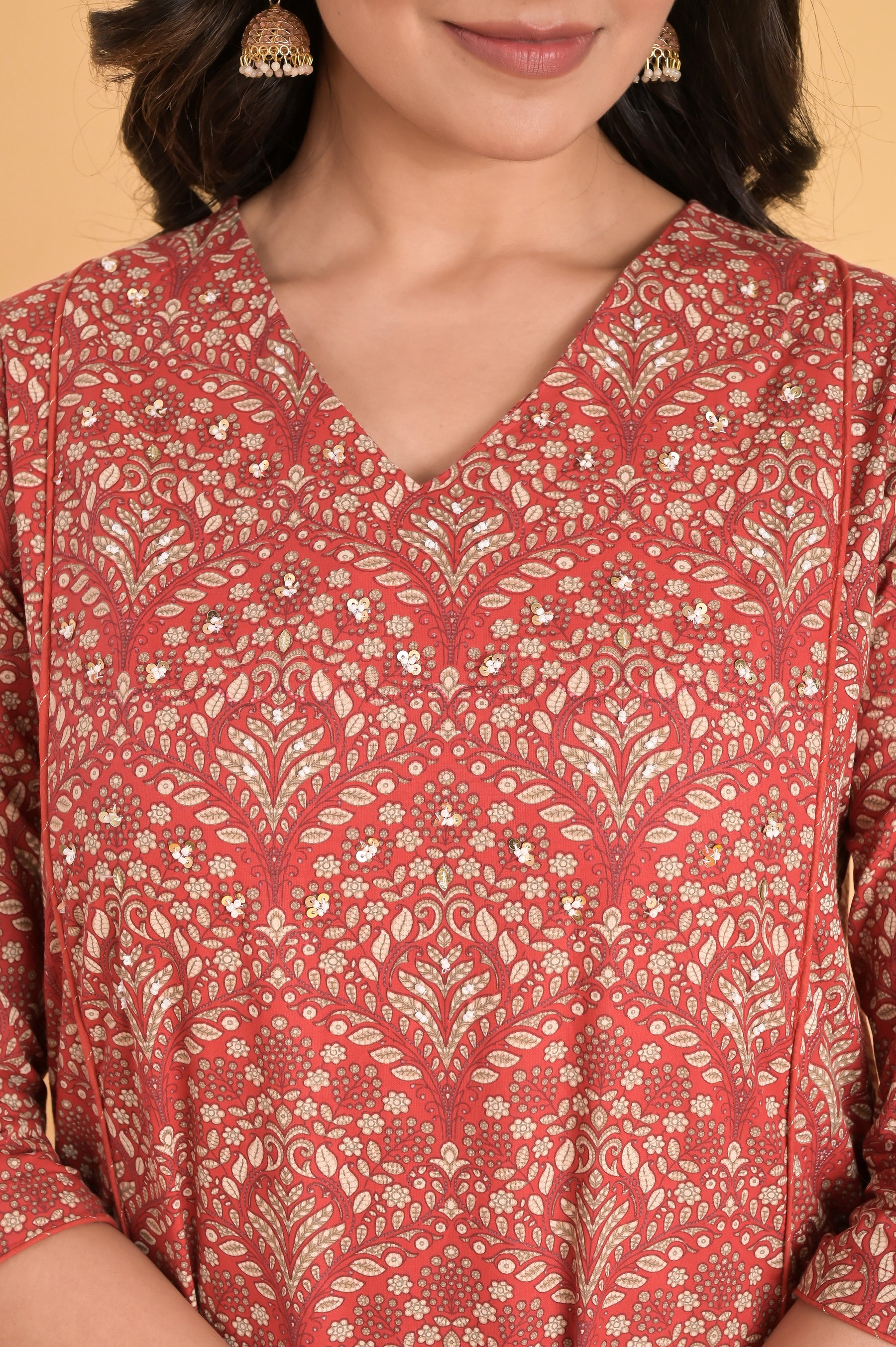 A-Line Cotton Red Kurta Set