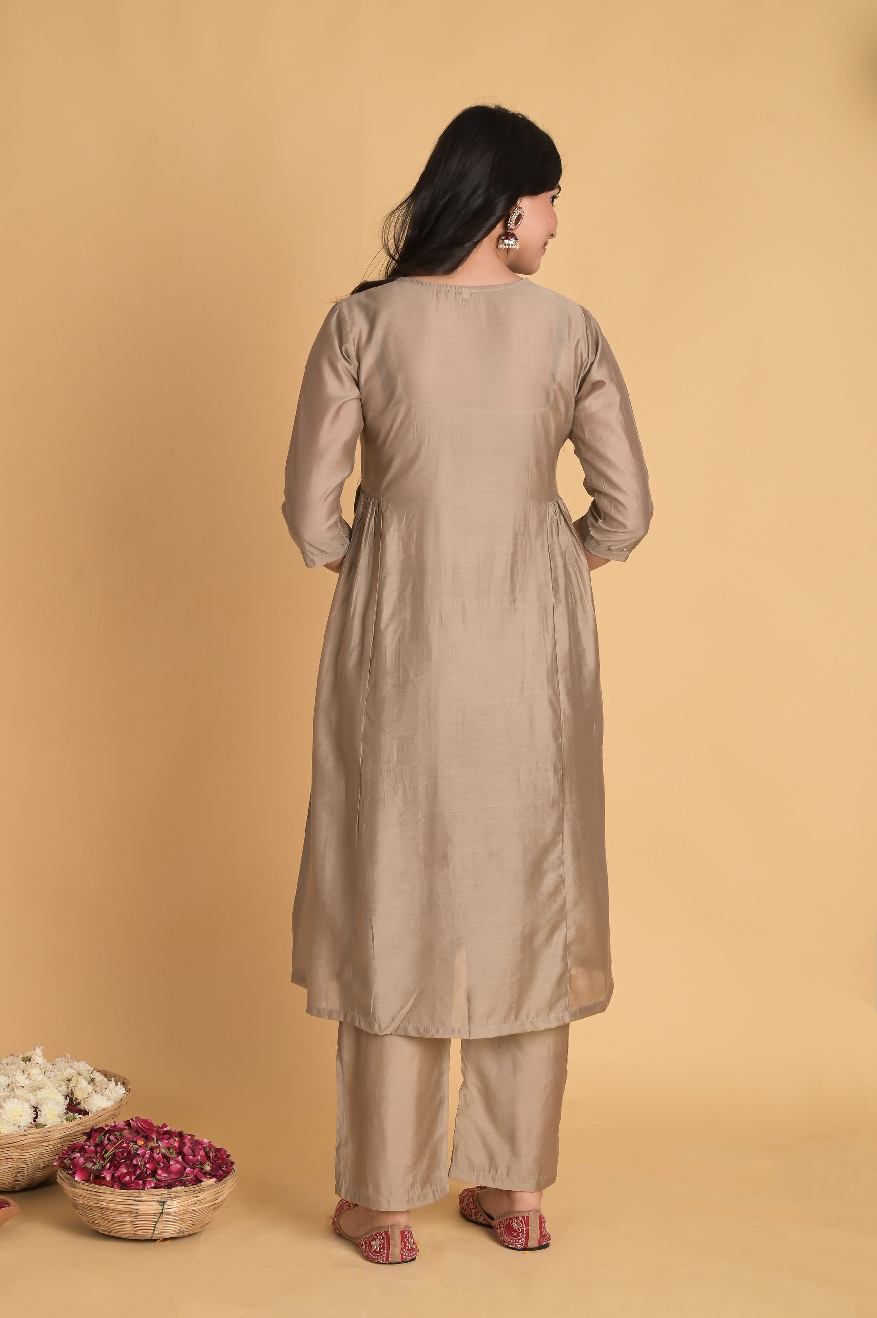 Side Gathered Beige Kurta Set