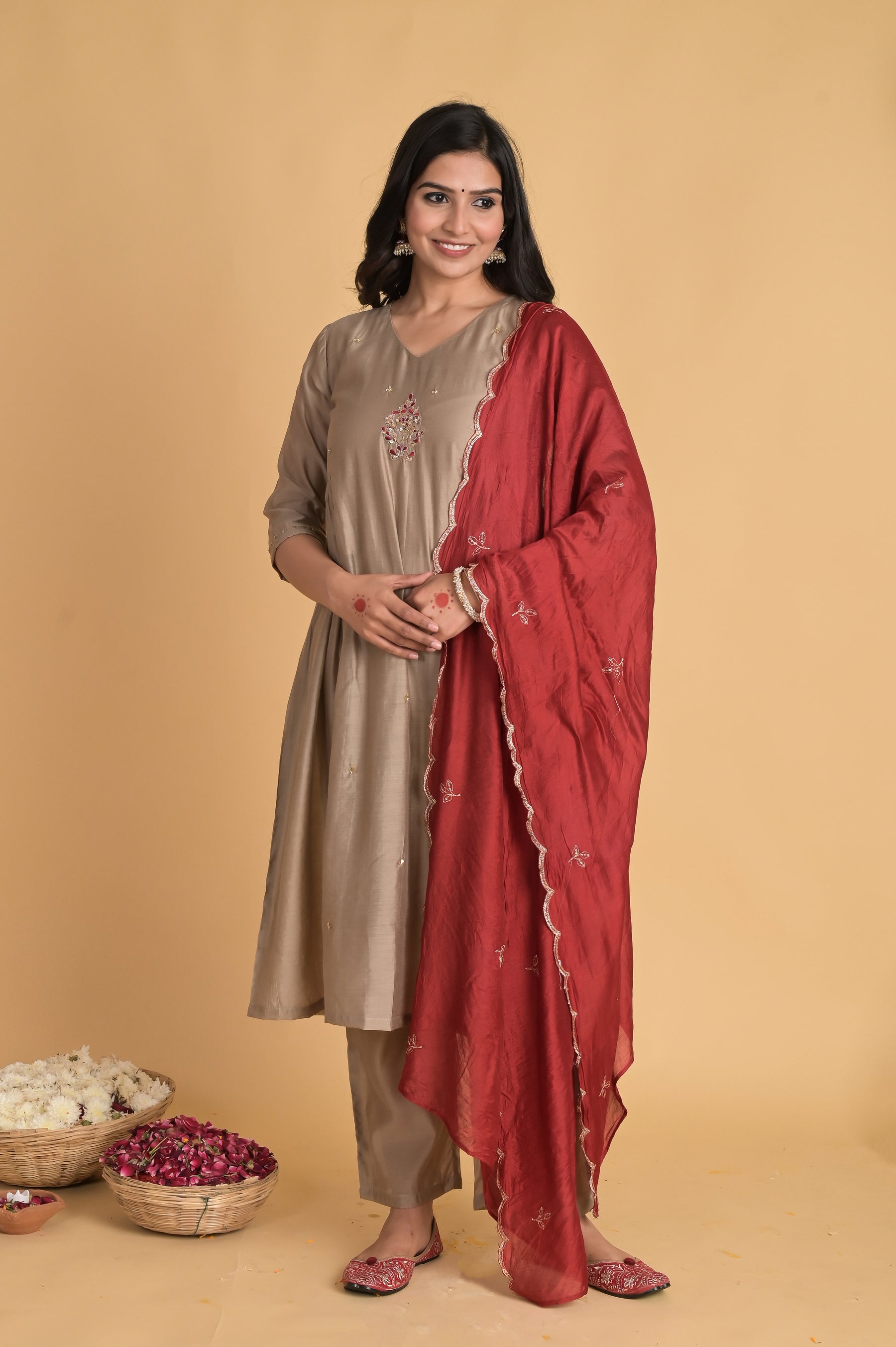 Side Gathered Beige Kurta Set