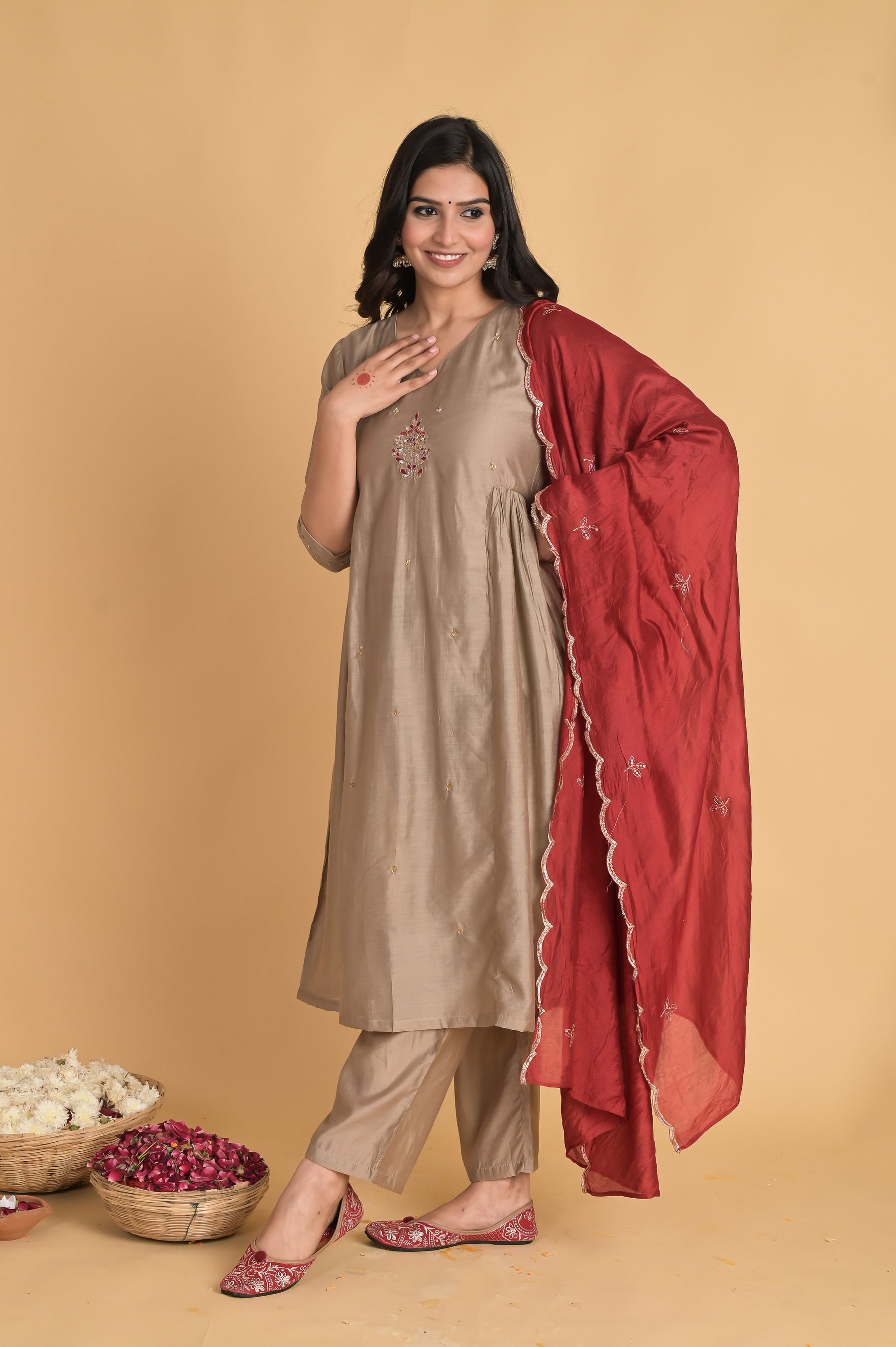 Side Gathered Beige Kurta Set