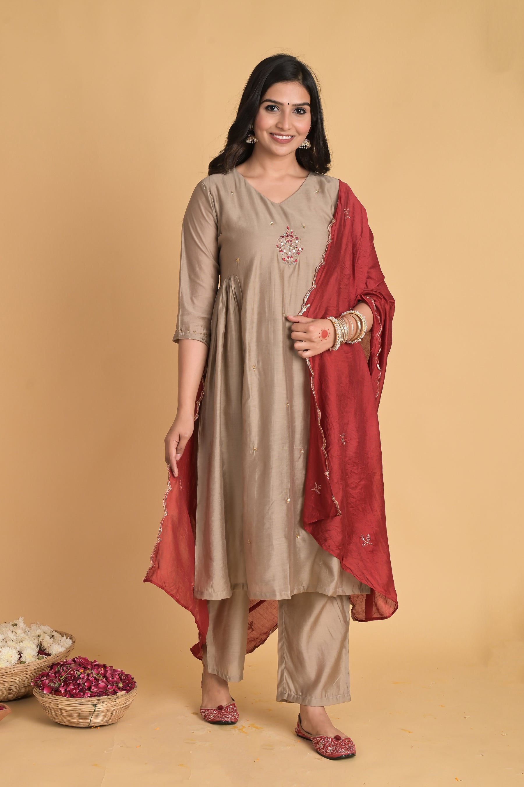 Side Gathered Beige Kurta Set