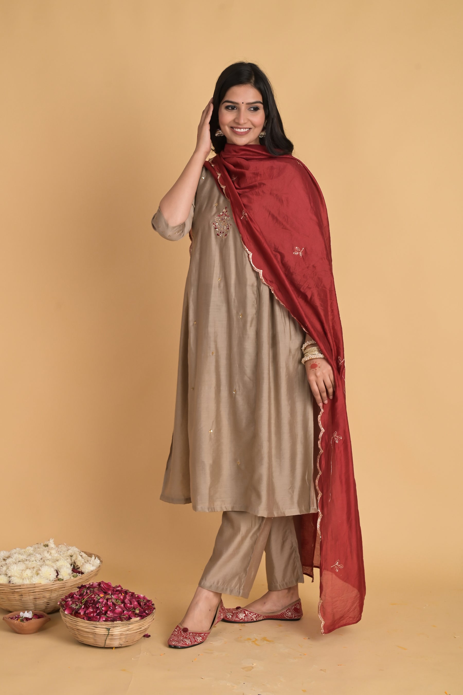Side Gathered Beige Kurta Set