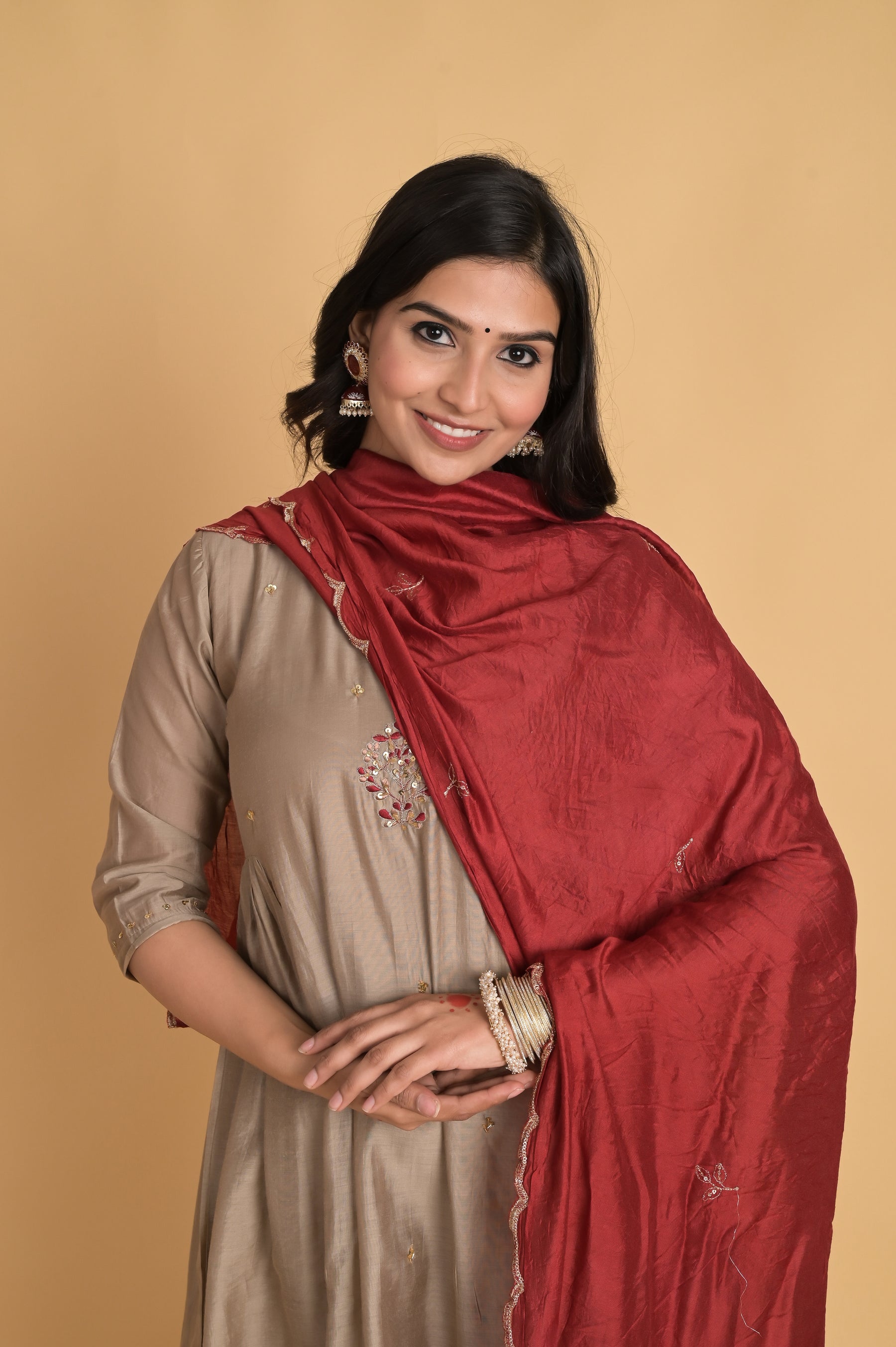 Side Gathered Beige Kurta Set