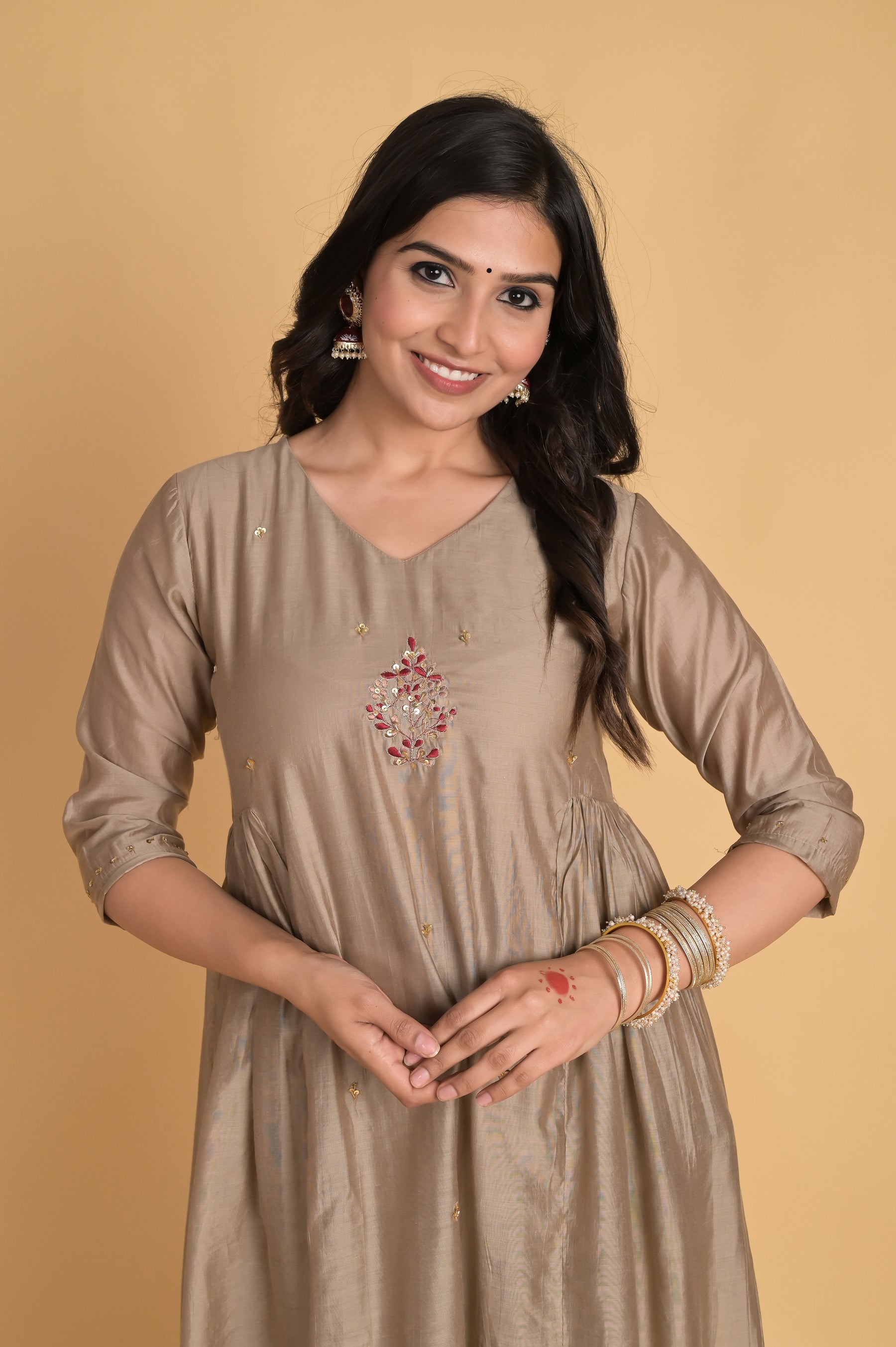 Side Gathered Beige Kurta Set