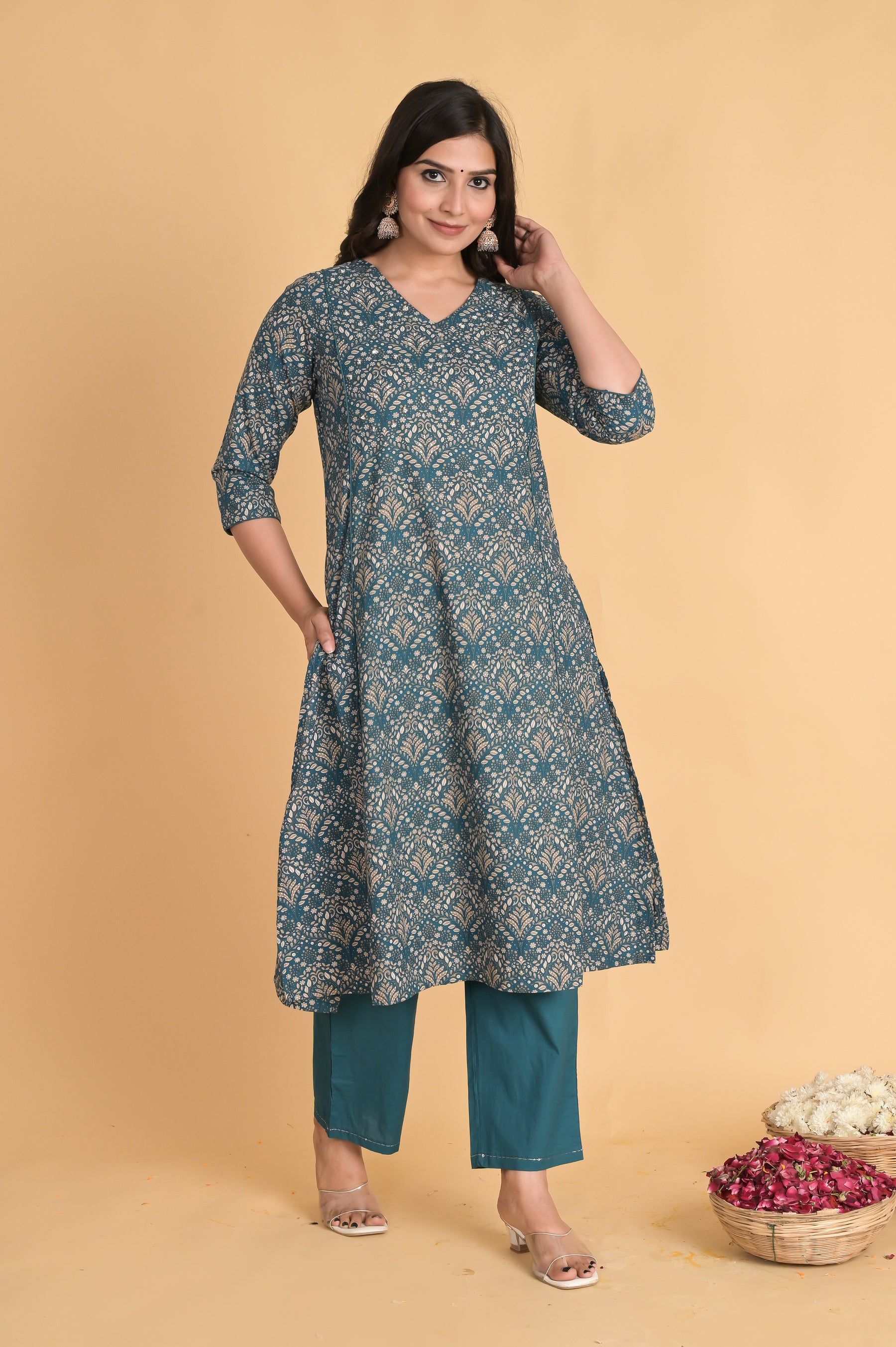 A-Line Cotton Blue Kurta Set