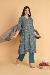 A-Line Cotton Blue Kurta Set