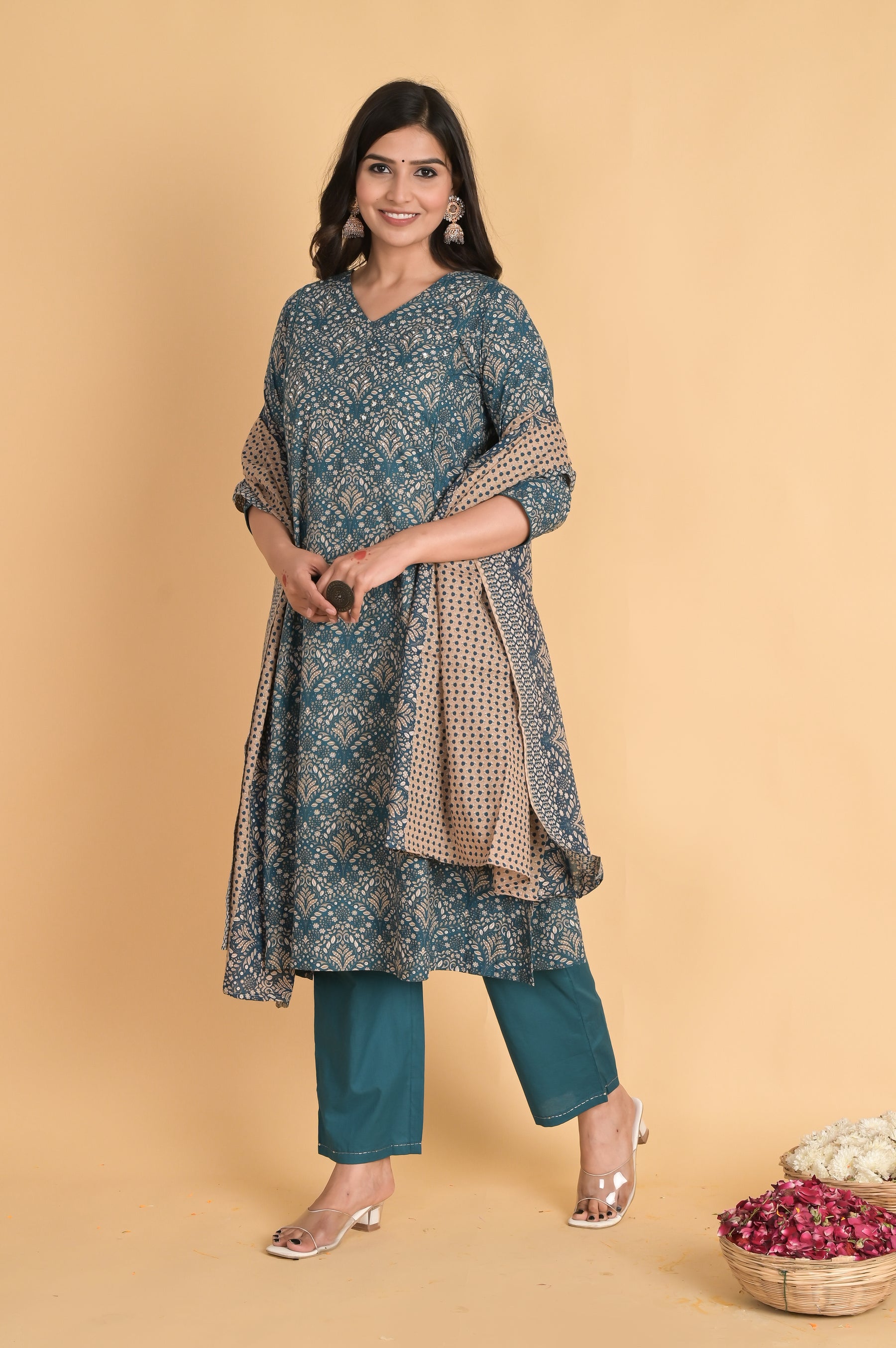 A-Line Cotton Blue Kurta Set