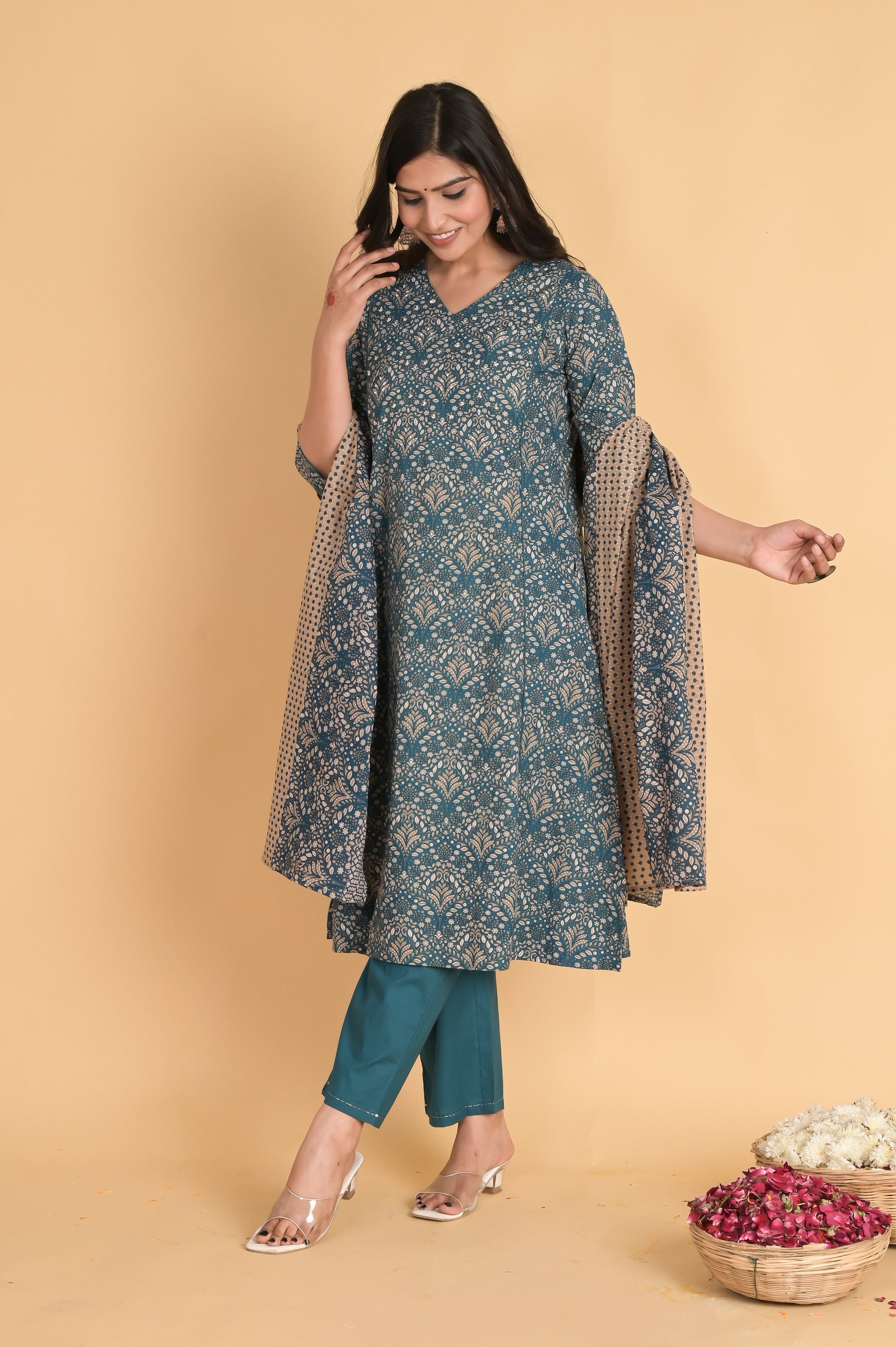 A-Line Cotton Blue Kurta Set