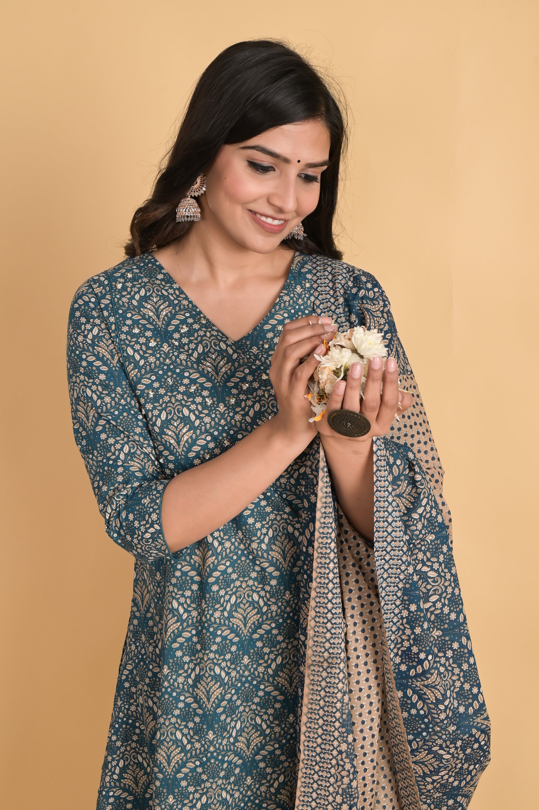 A-Line Cotton Blue Kurta Set