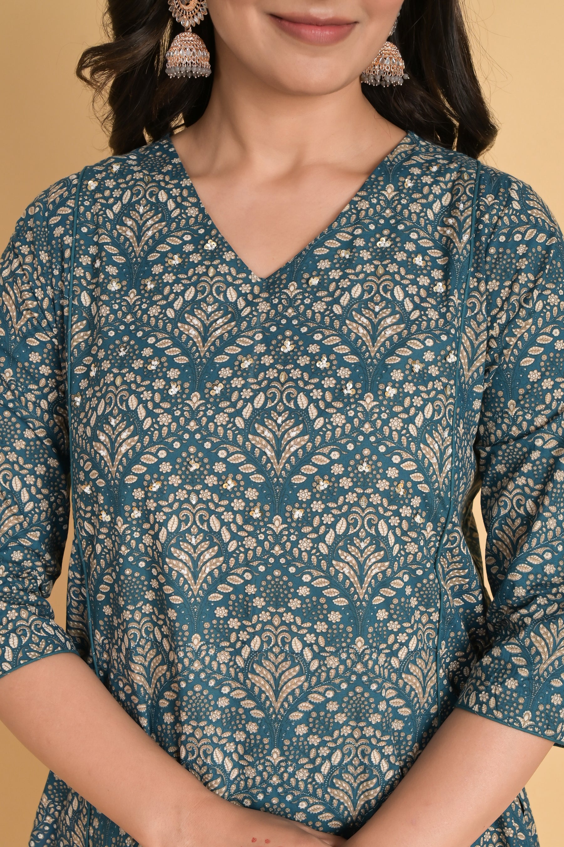 A-Line Cotton Blue Kurta Set