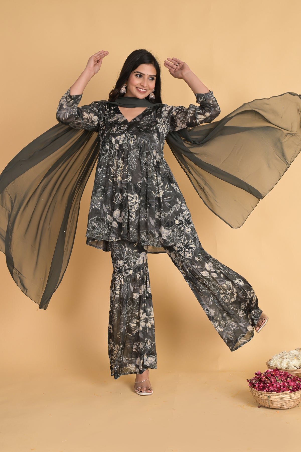 Floral Printed Grey Sharara Set