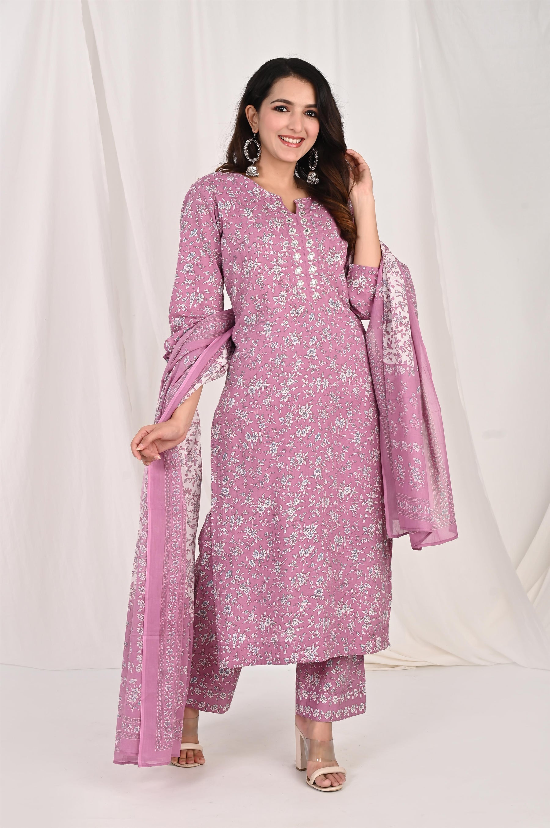 Purple Embroidered Cotton Kurta Set