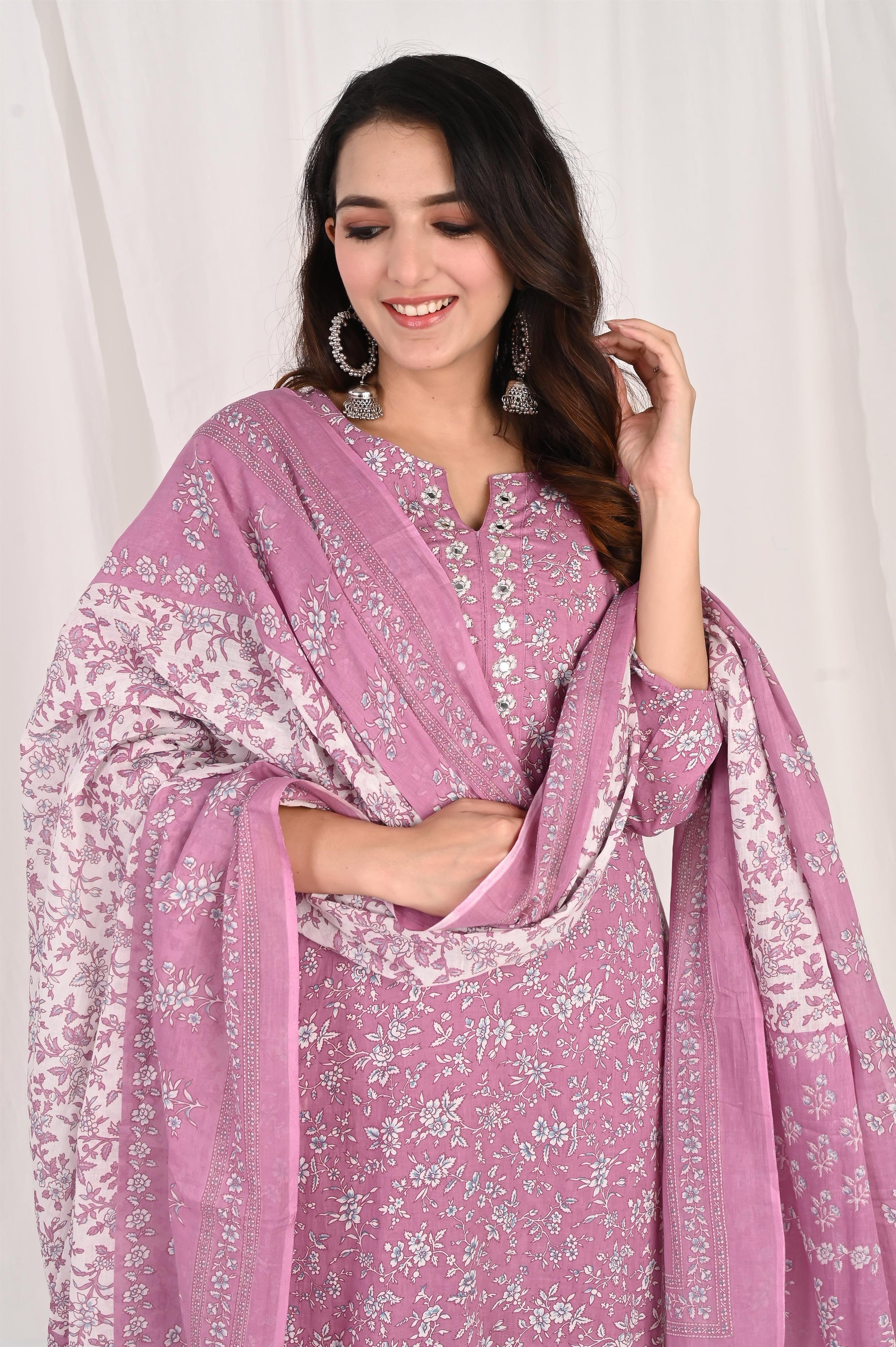 Purple Embroidered Cotton Kurta Set