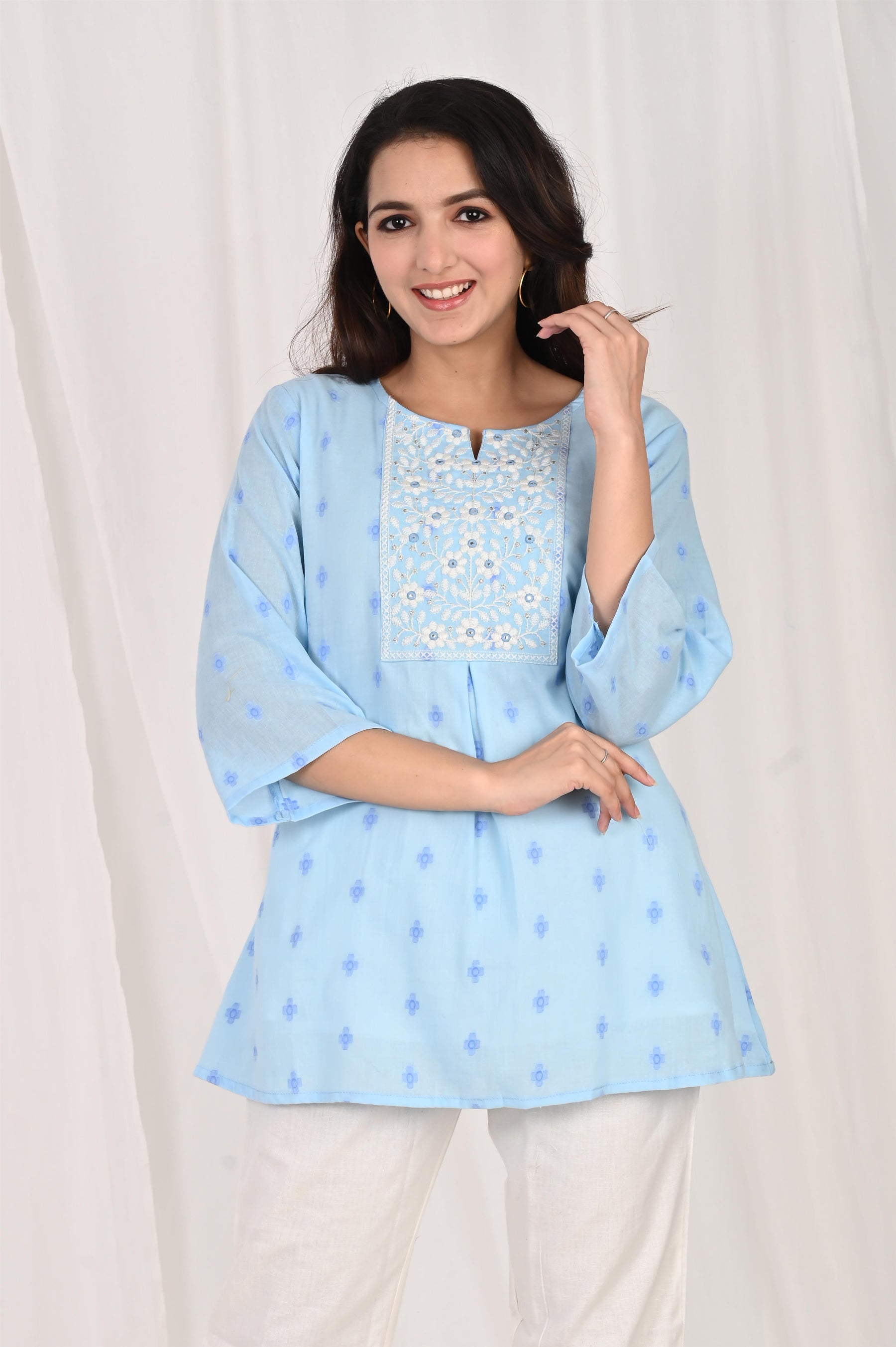 Embroidered Blue A-Line Top