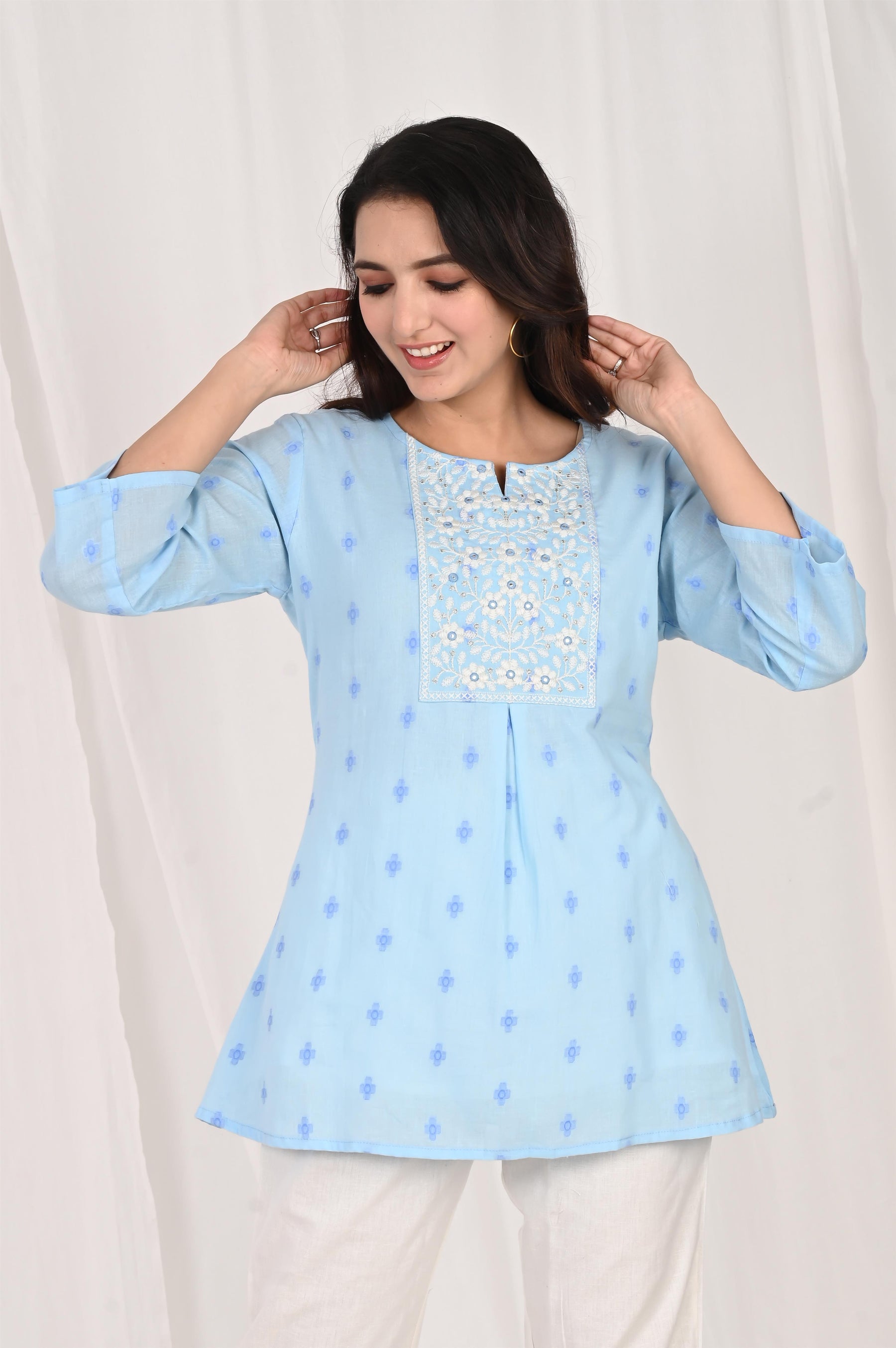 Embroidered Blue A-Line Top