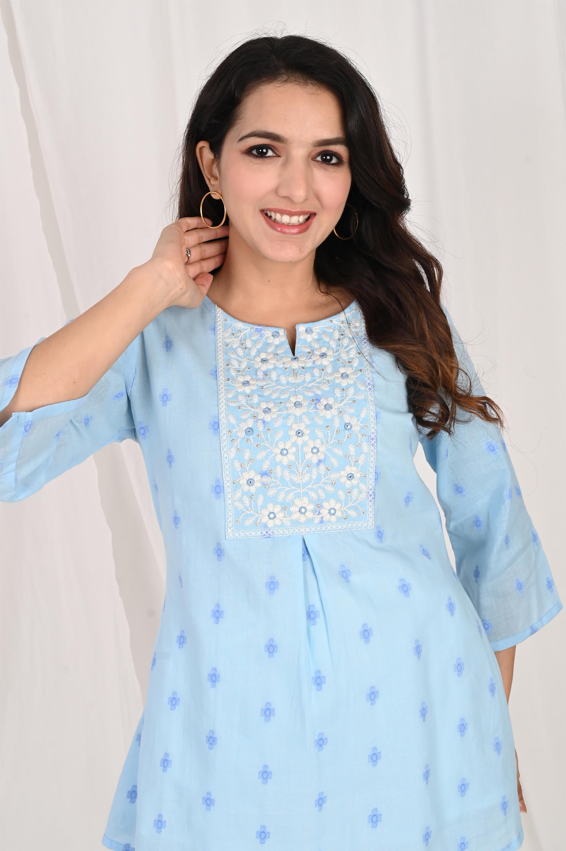 Embroidered Blue A-Line Top