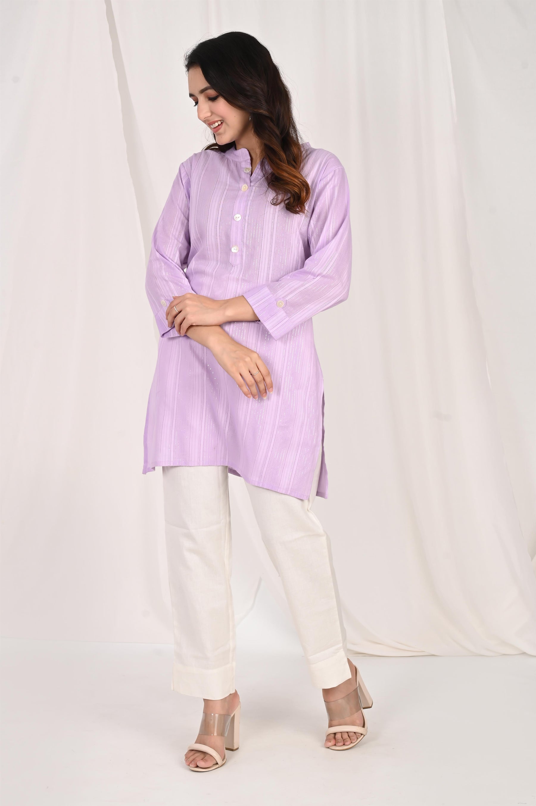 Purple Cotton Stripped Short Kurti