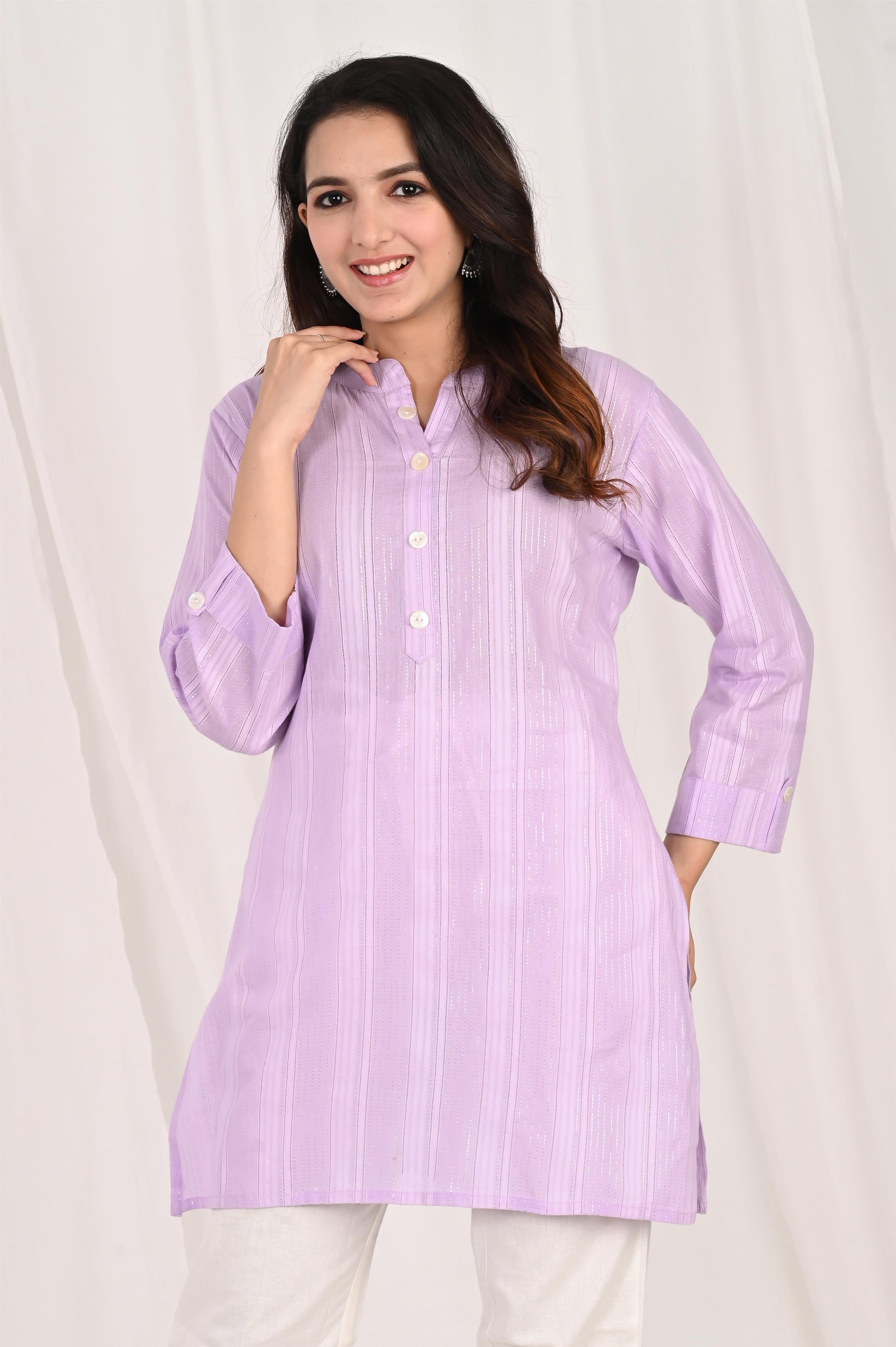 Purple Cotton Stripped Short Kurti