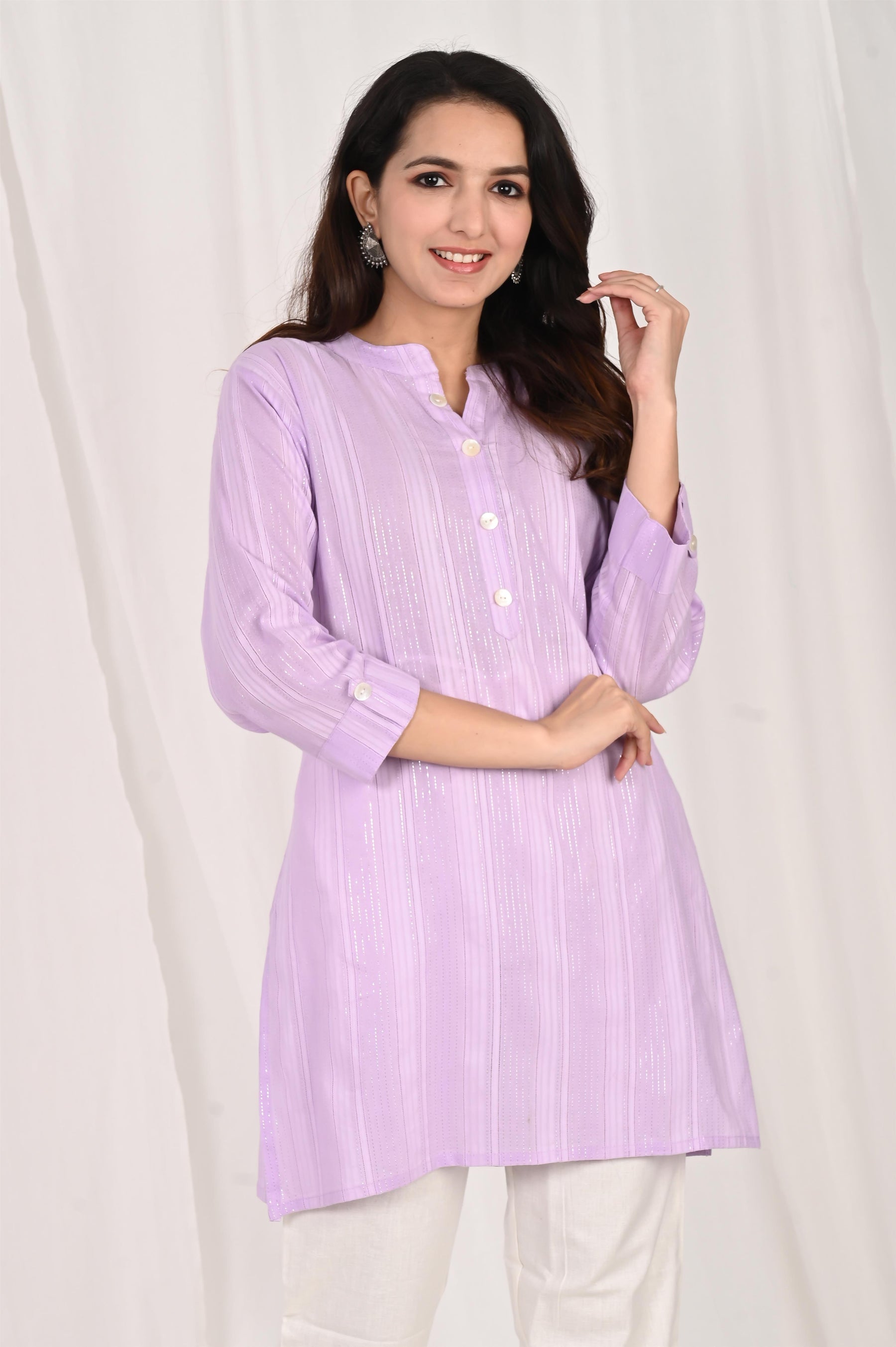 Purple Cotton Stripped Short Kurti