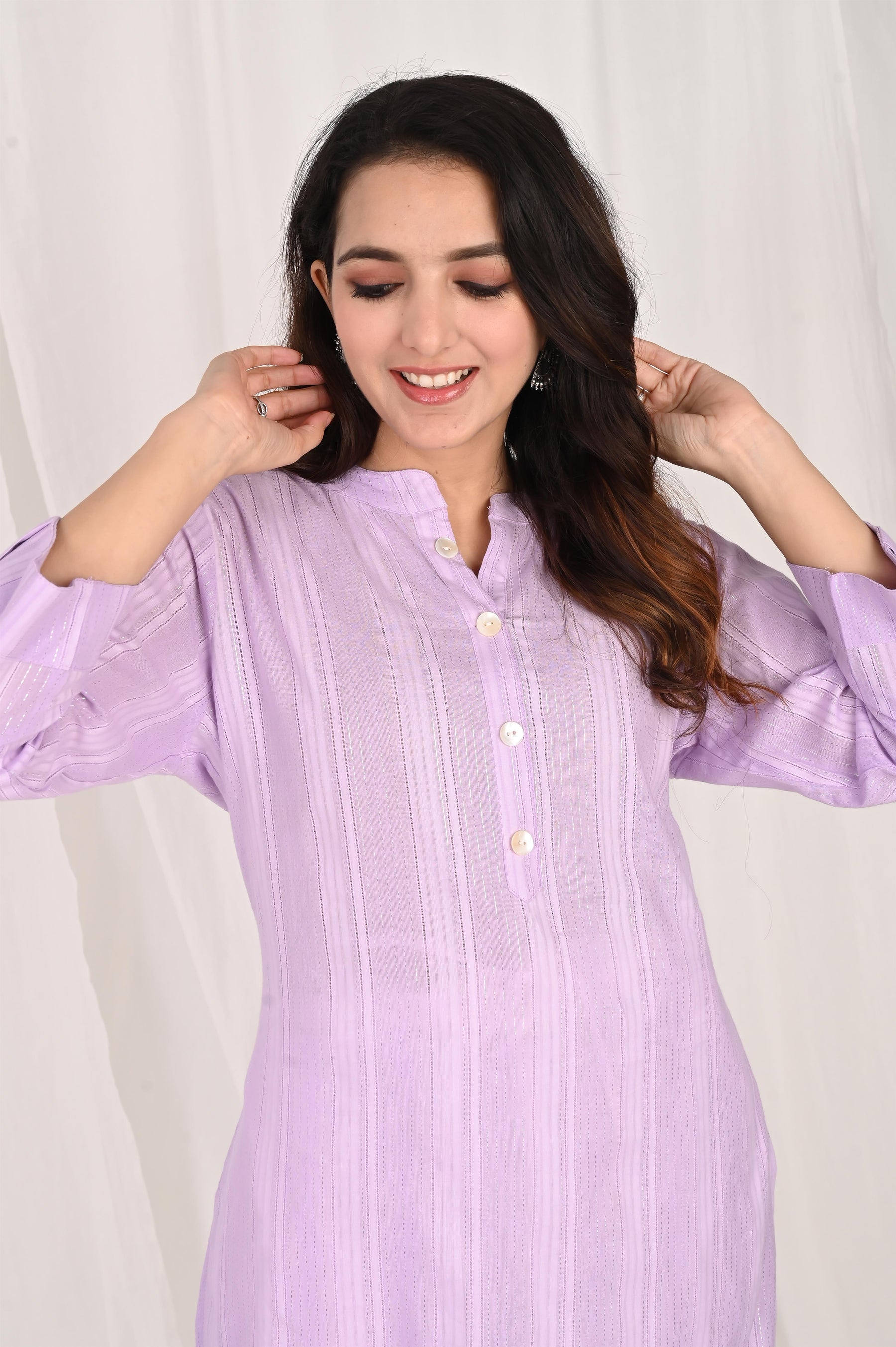 Purple Cotton Stripped Short Kurti