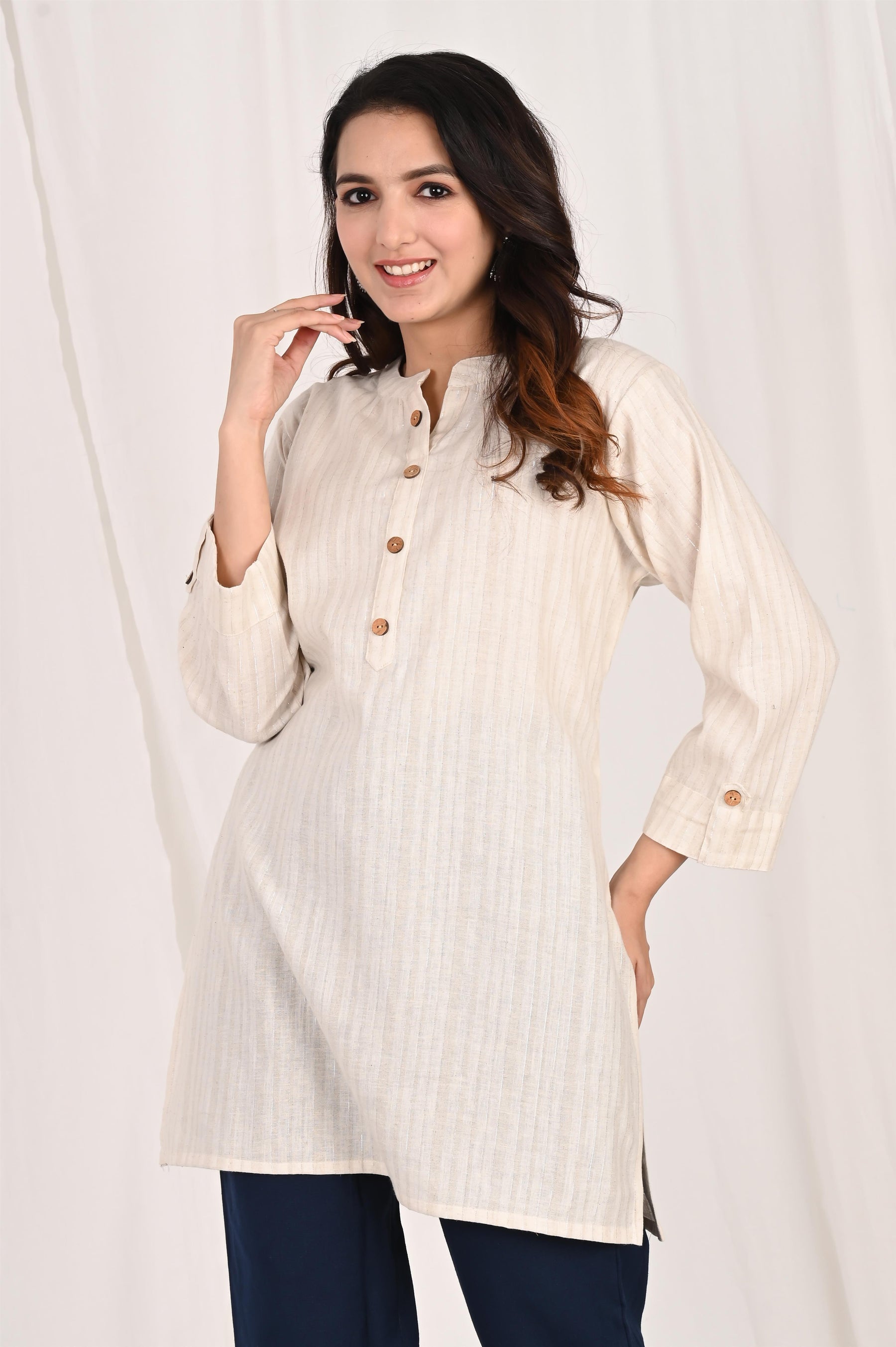 Off White Lining Short Kurti