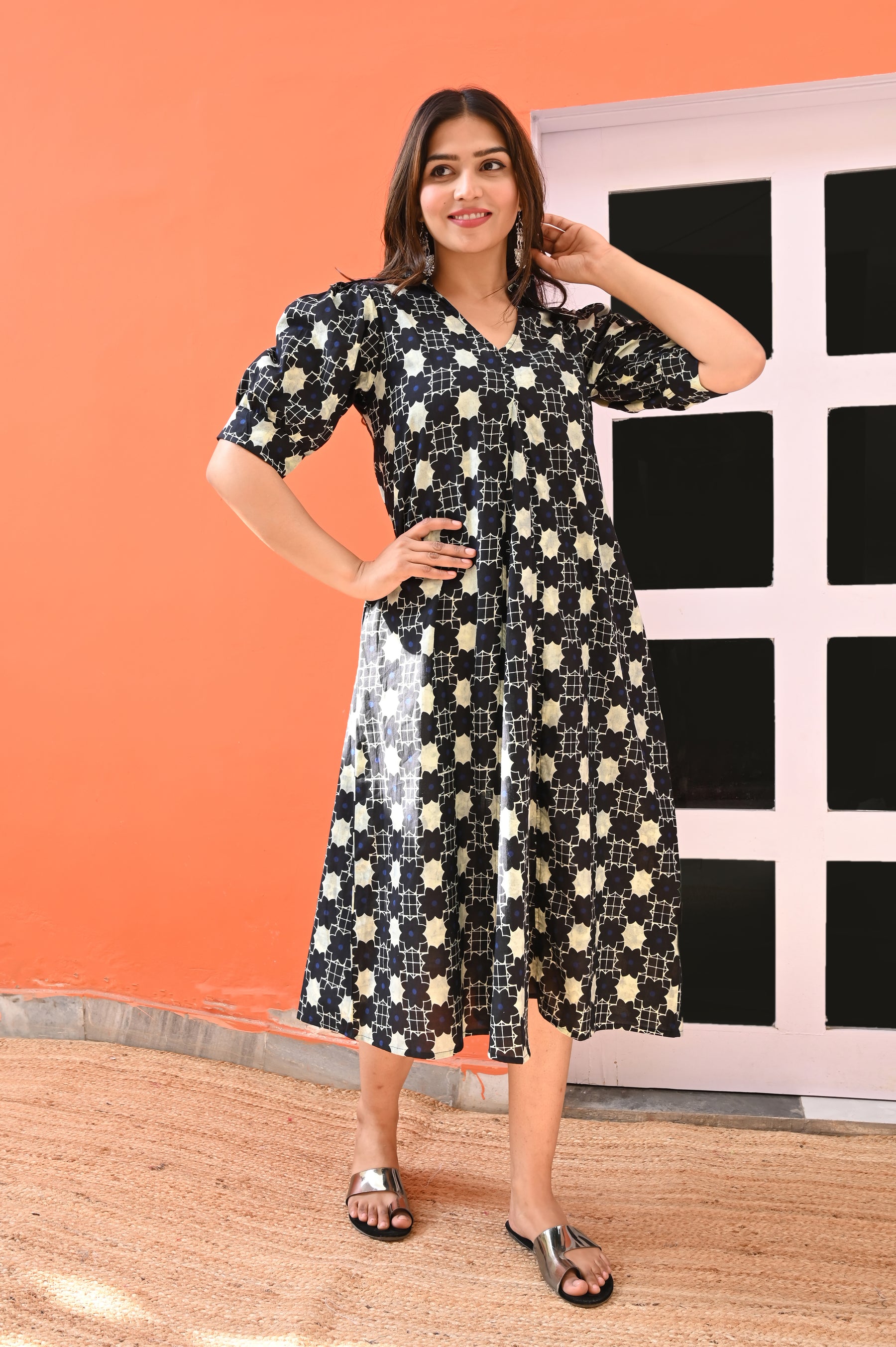 V neck navy blue collar A line dress