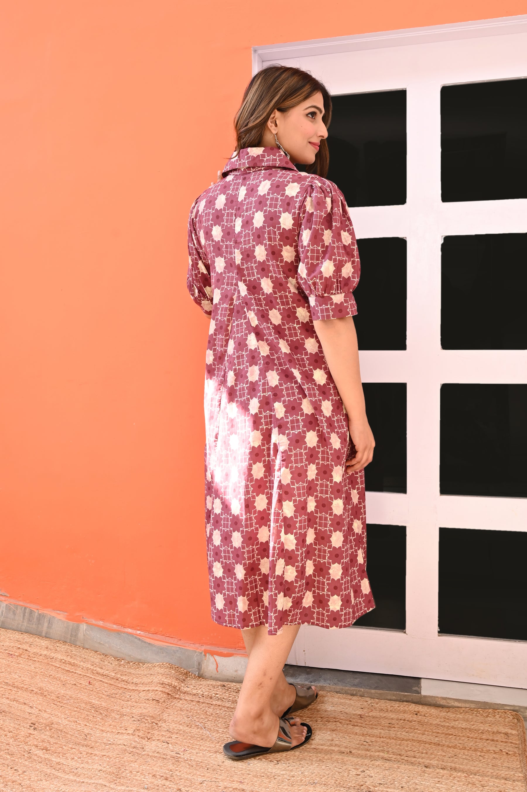 V neck purple collar A line dress