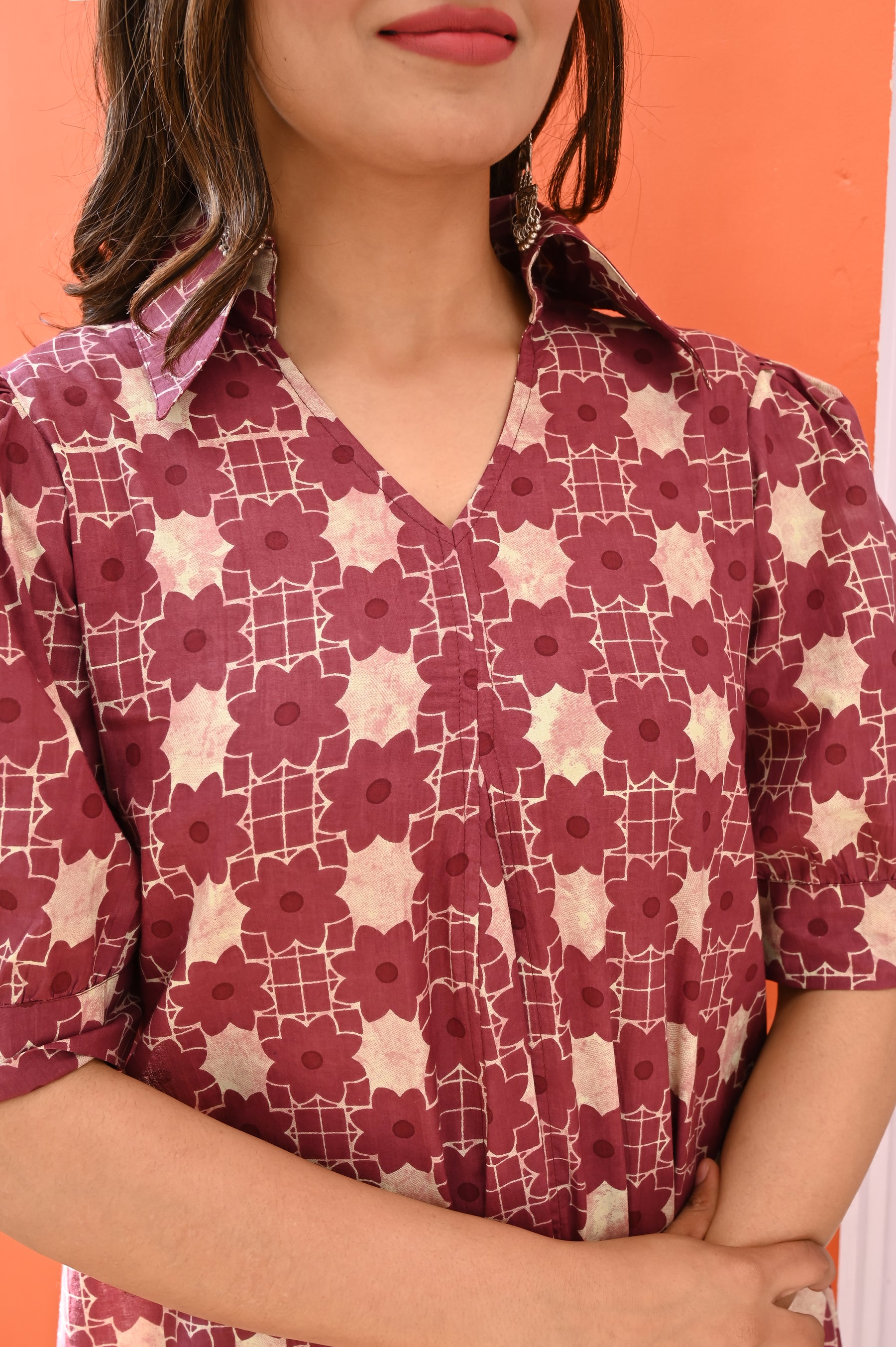 V neck purple collar A line dress