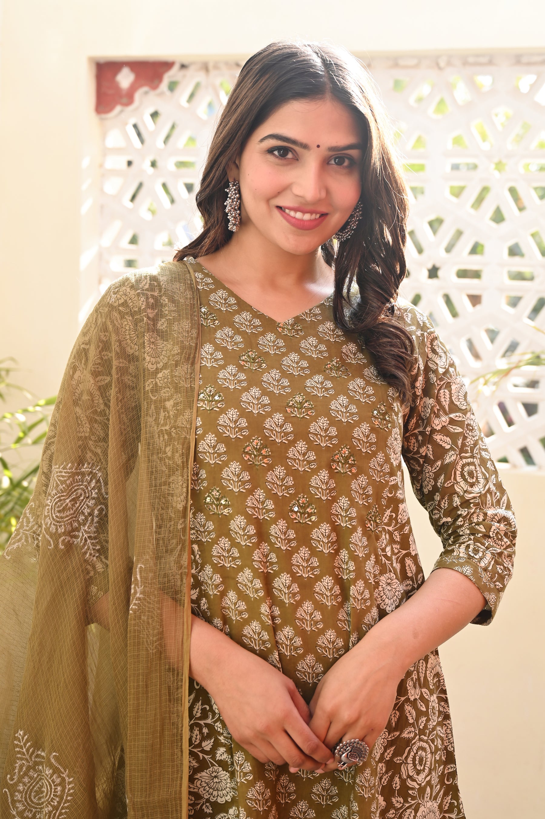 A line Panelled Green Cotton Kurta Set