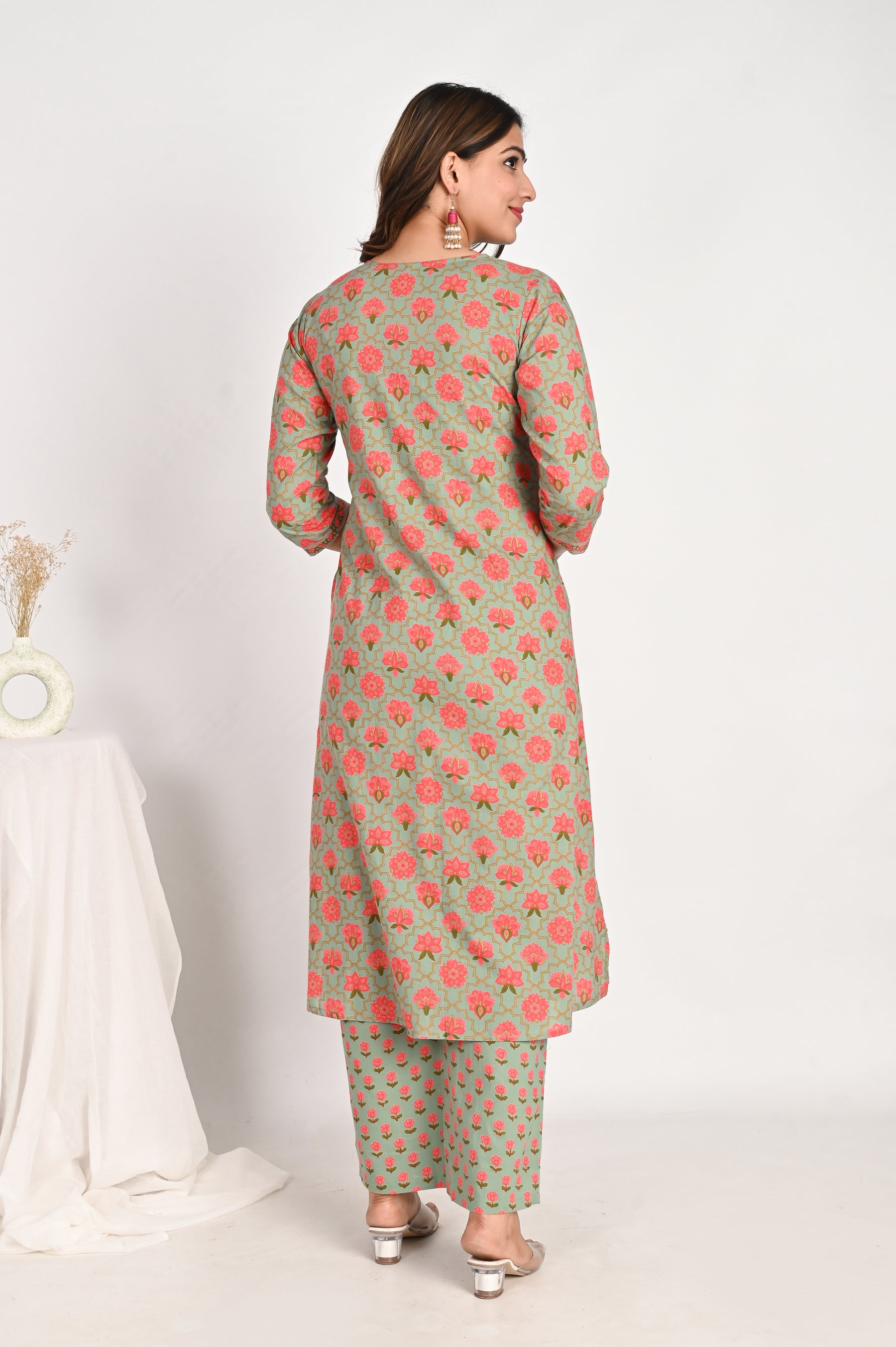 Green Gathered Floral Kurta Set