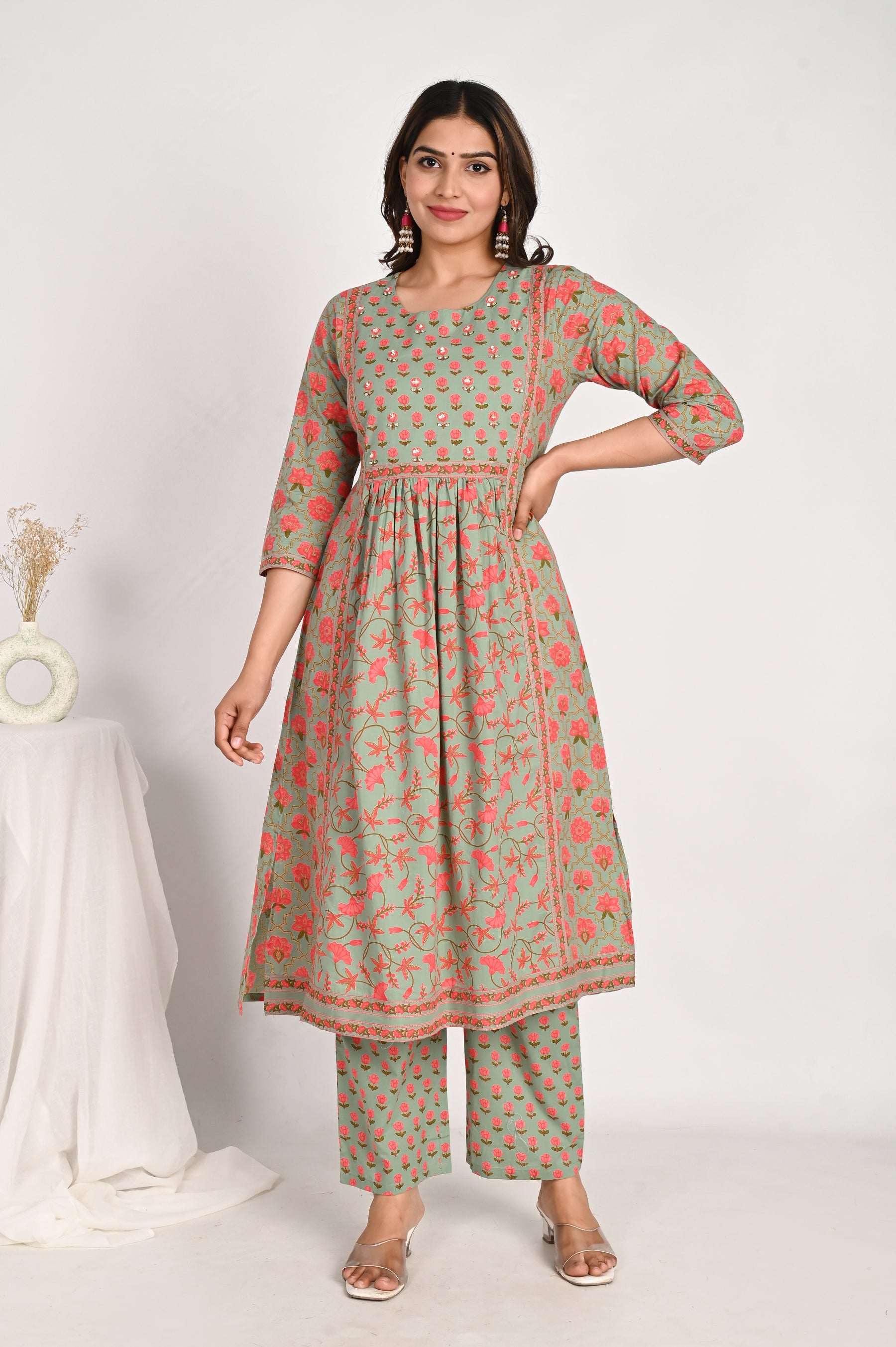 Green Gathered Floral Kurta Set