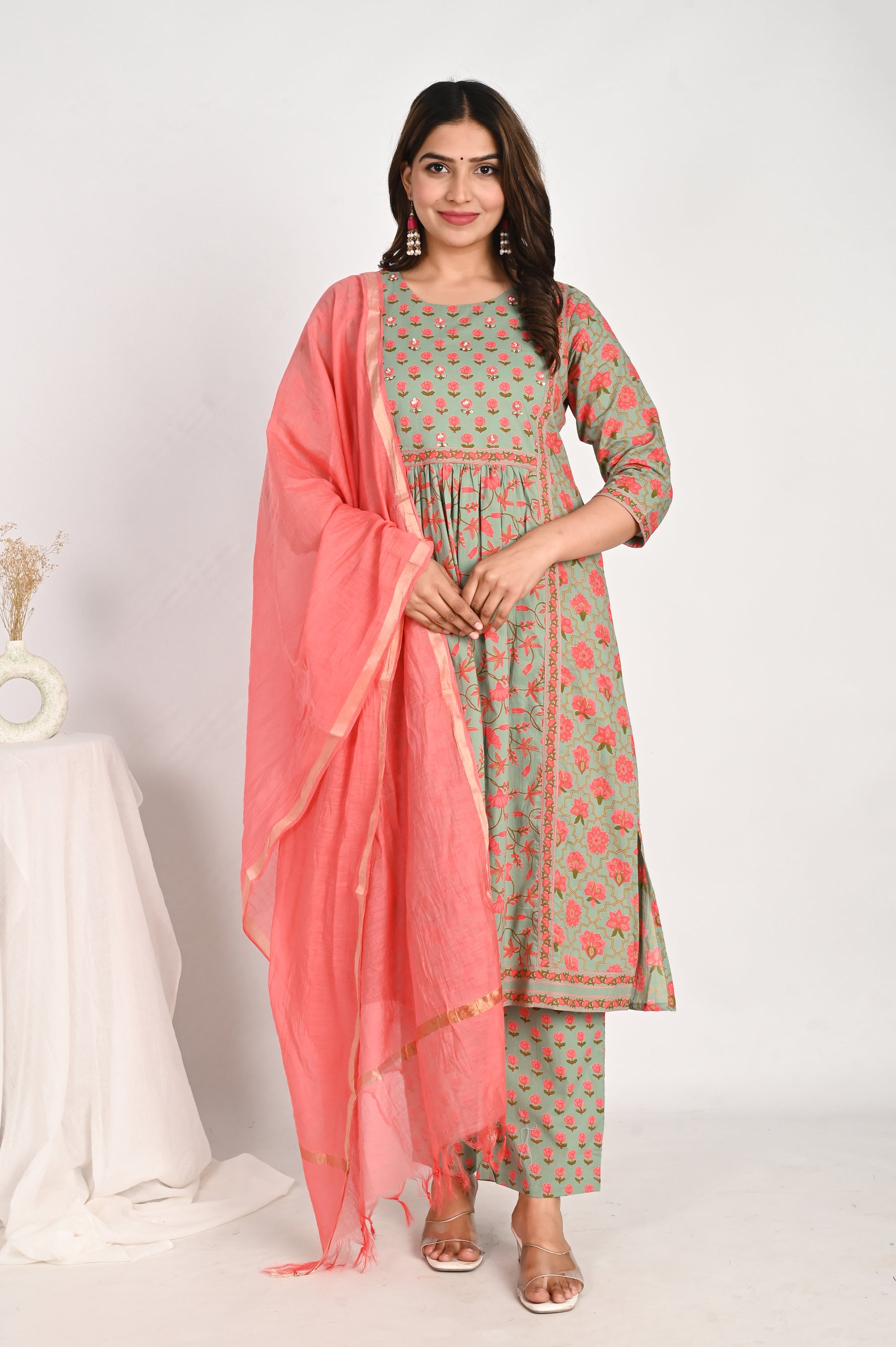 Green Gathered Floral Kurta Set