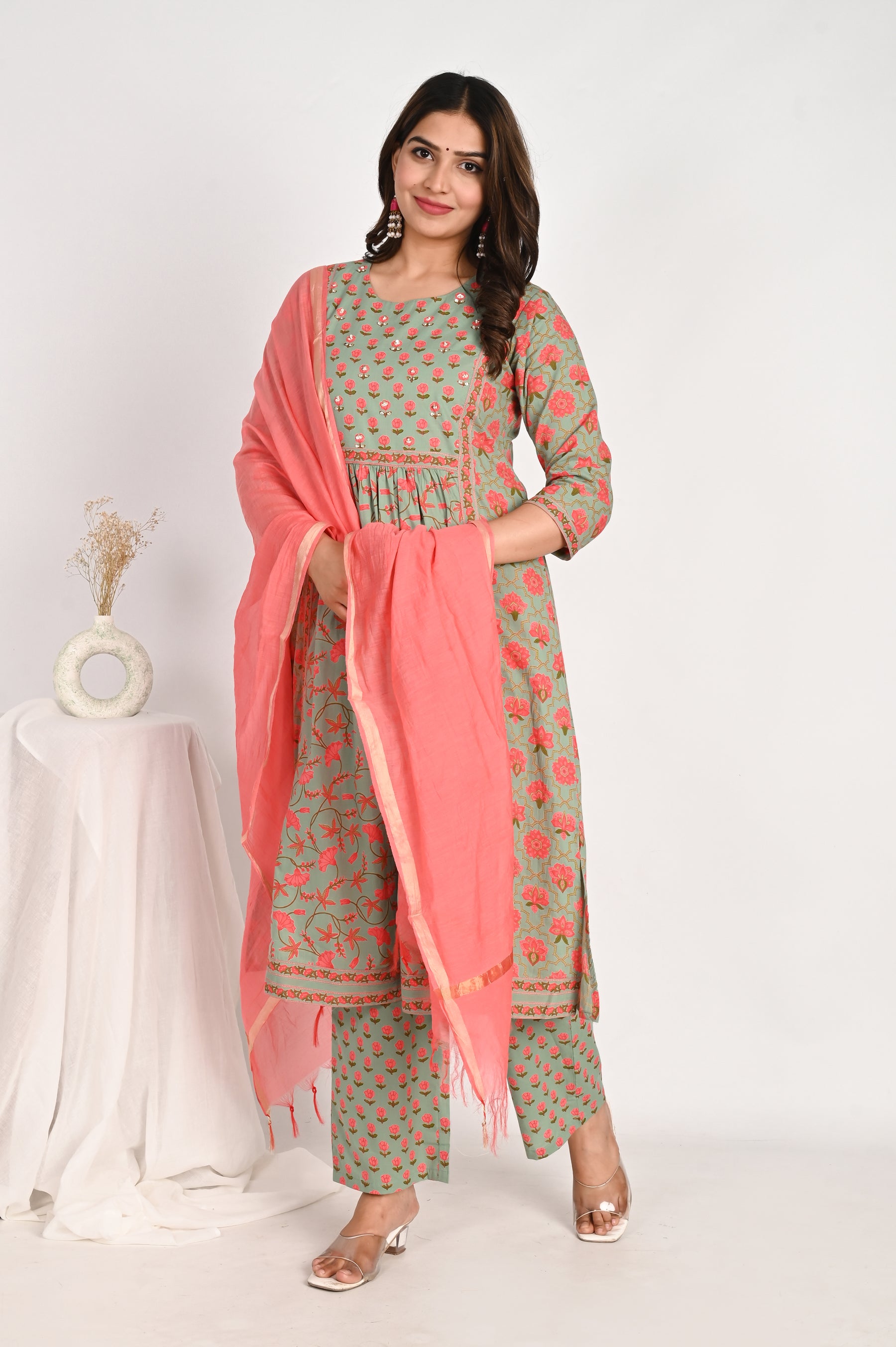 Green Gathered Floral Kurta Set