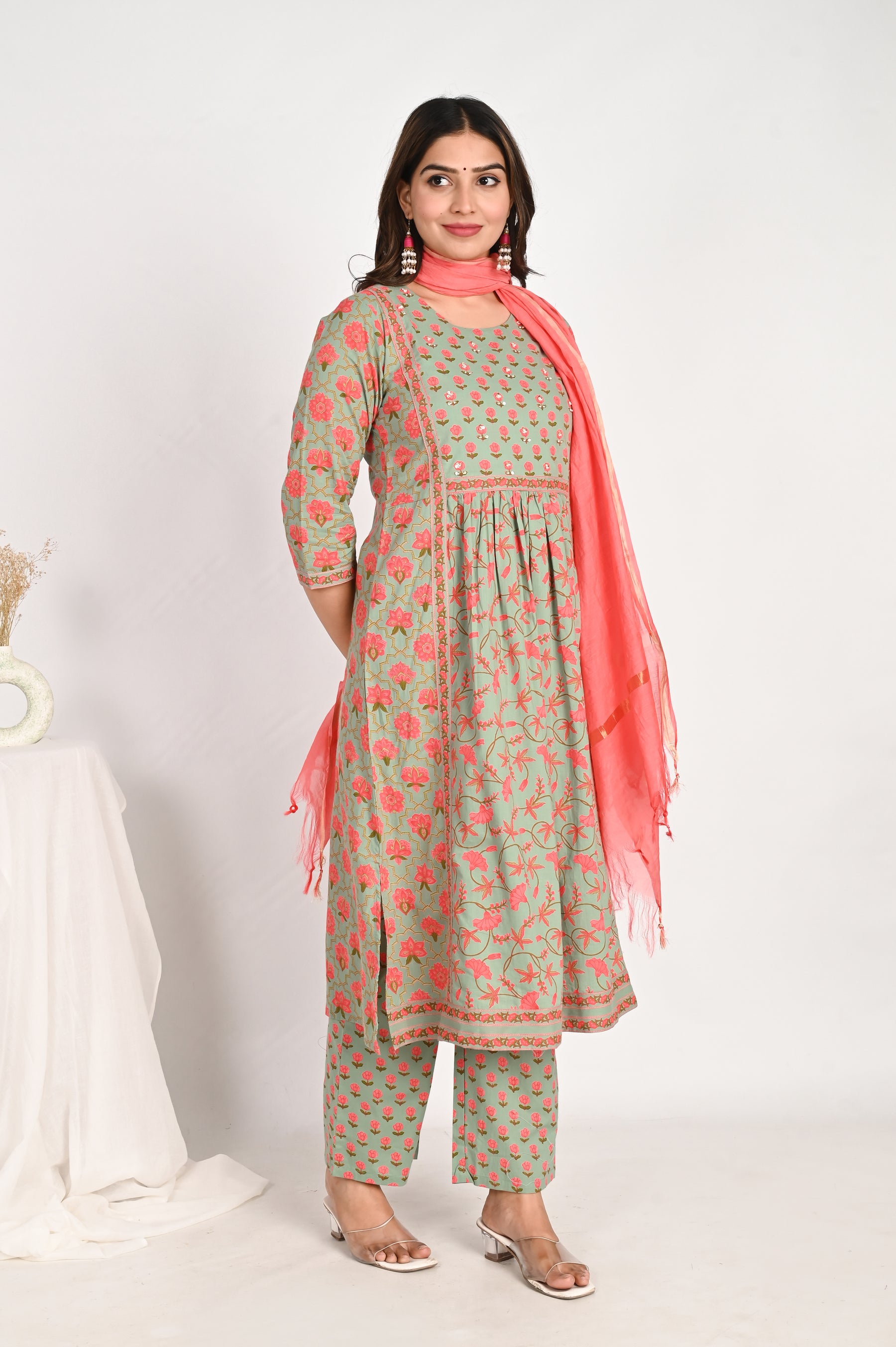Green Gathered Floral Kurta Set