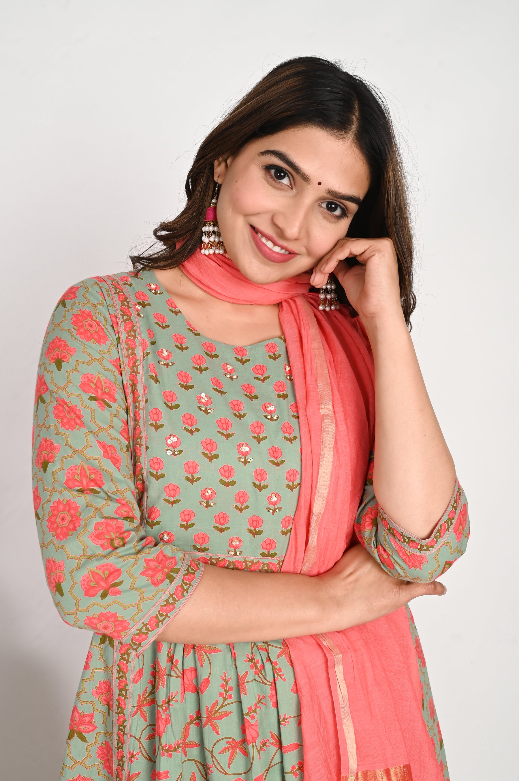 Green Gathered Floral Kurta Set