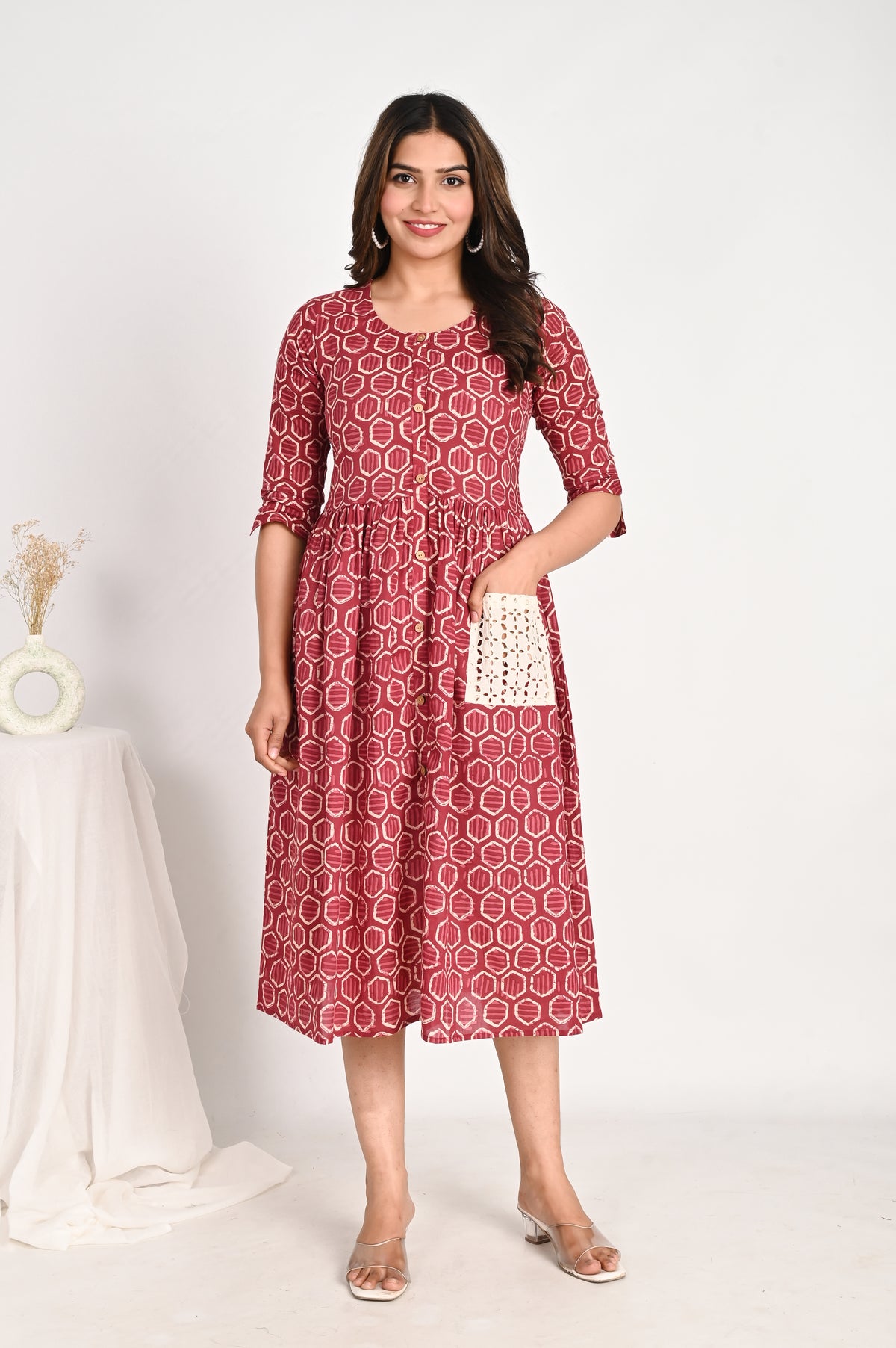 Cotton Midi Pink A line Dress with Schiffli pockets