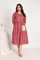Cotton Midi Pink A line Dress with Schiffli pockets