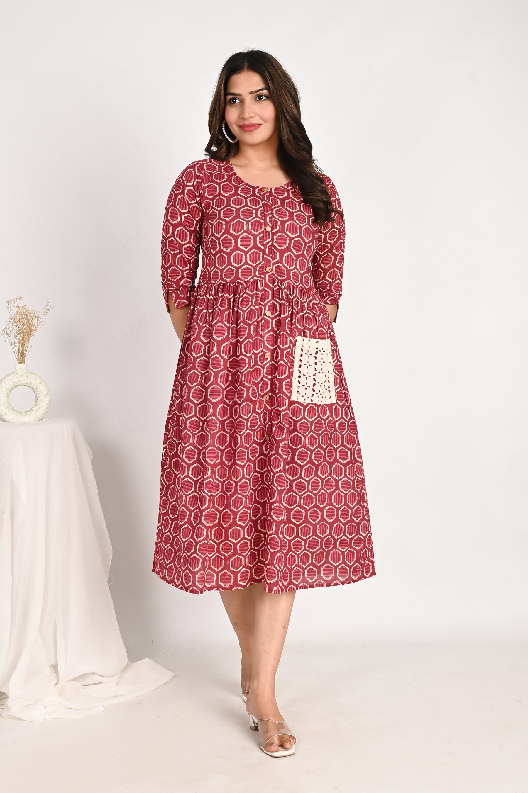Cotton Midi Pink A line Dress with Schiffli pockets