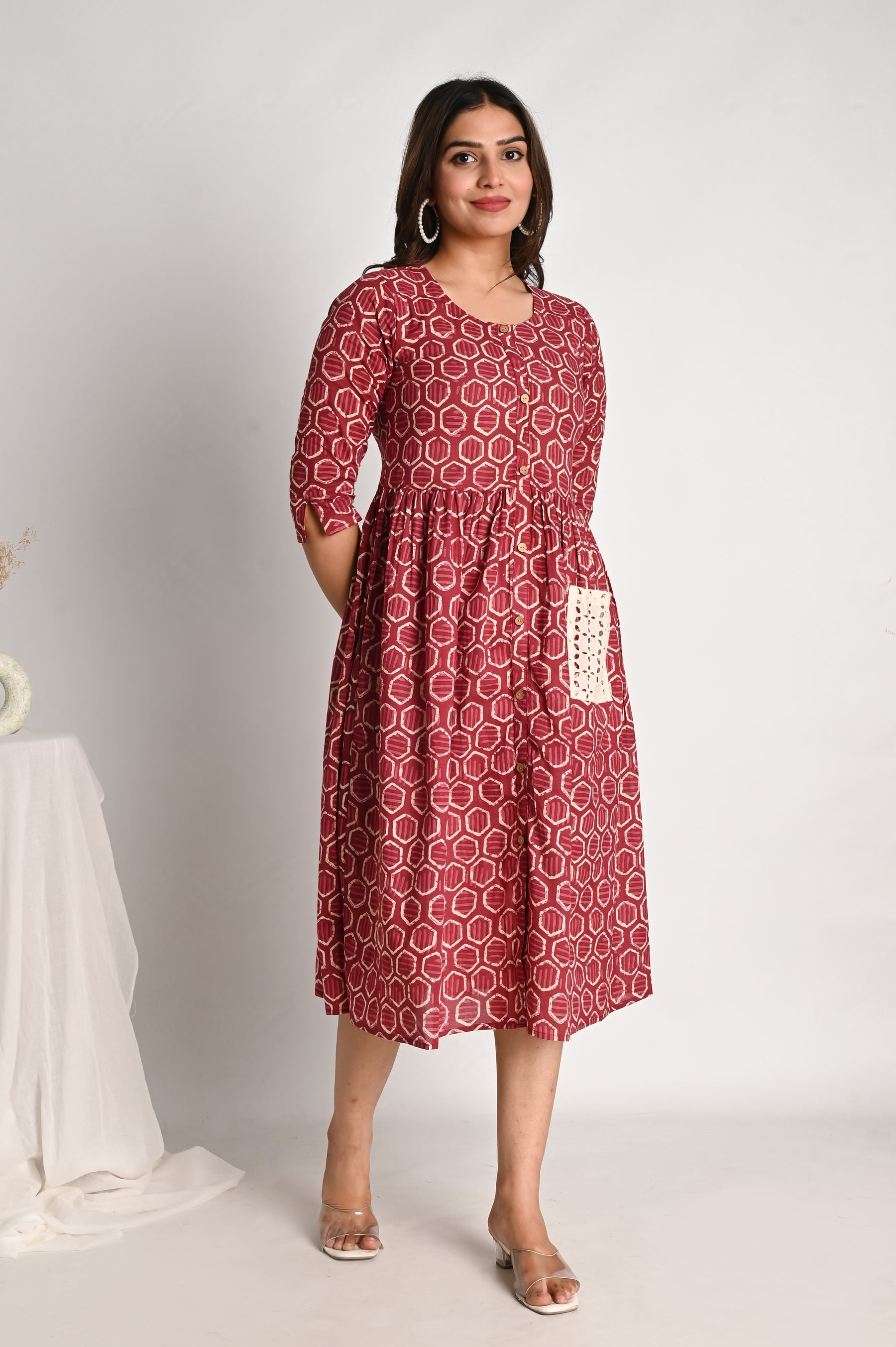 Cotton Midi Pink A line Dress with Schiffli pockets