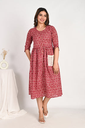 Cotton Midi Pink A line Dress with Schiffli pockets