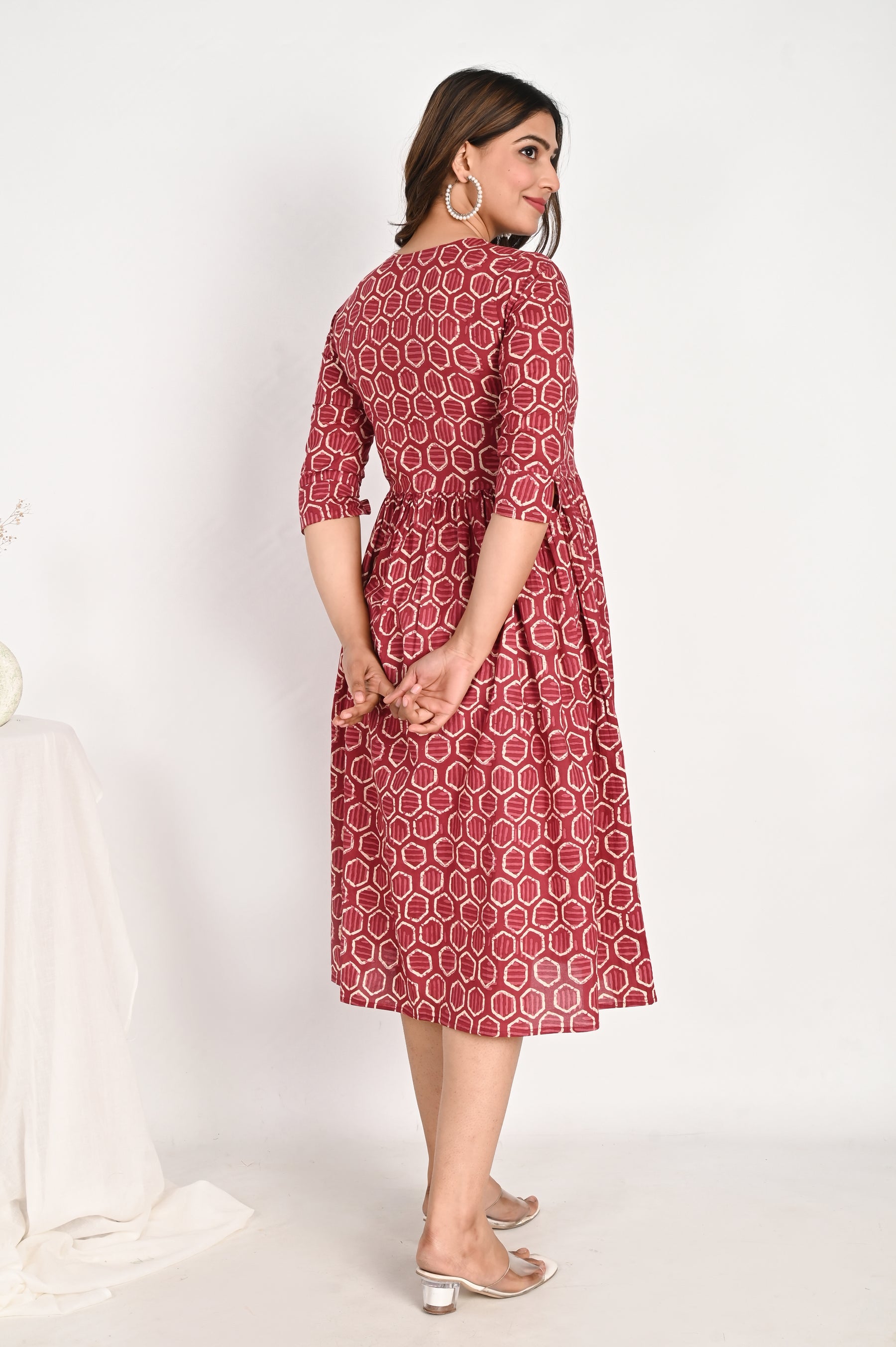 Cotton Midi Pink A line Dress with Schiffli pockets