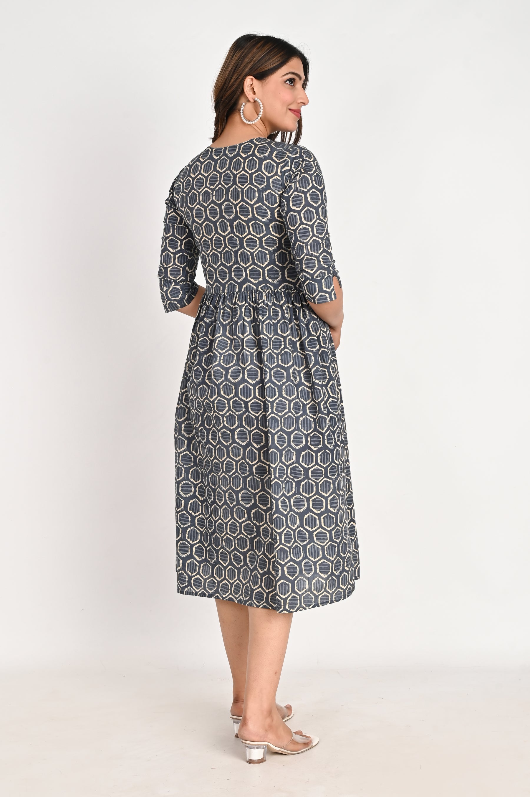 Cotton Midi Blue A line Dress with Schiffli pockets