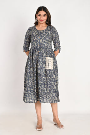 Cotton Midi Blue A line Dress with Schiffli pockets