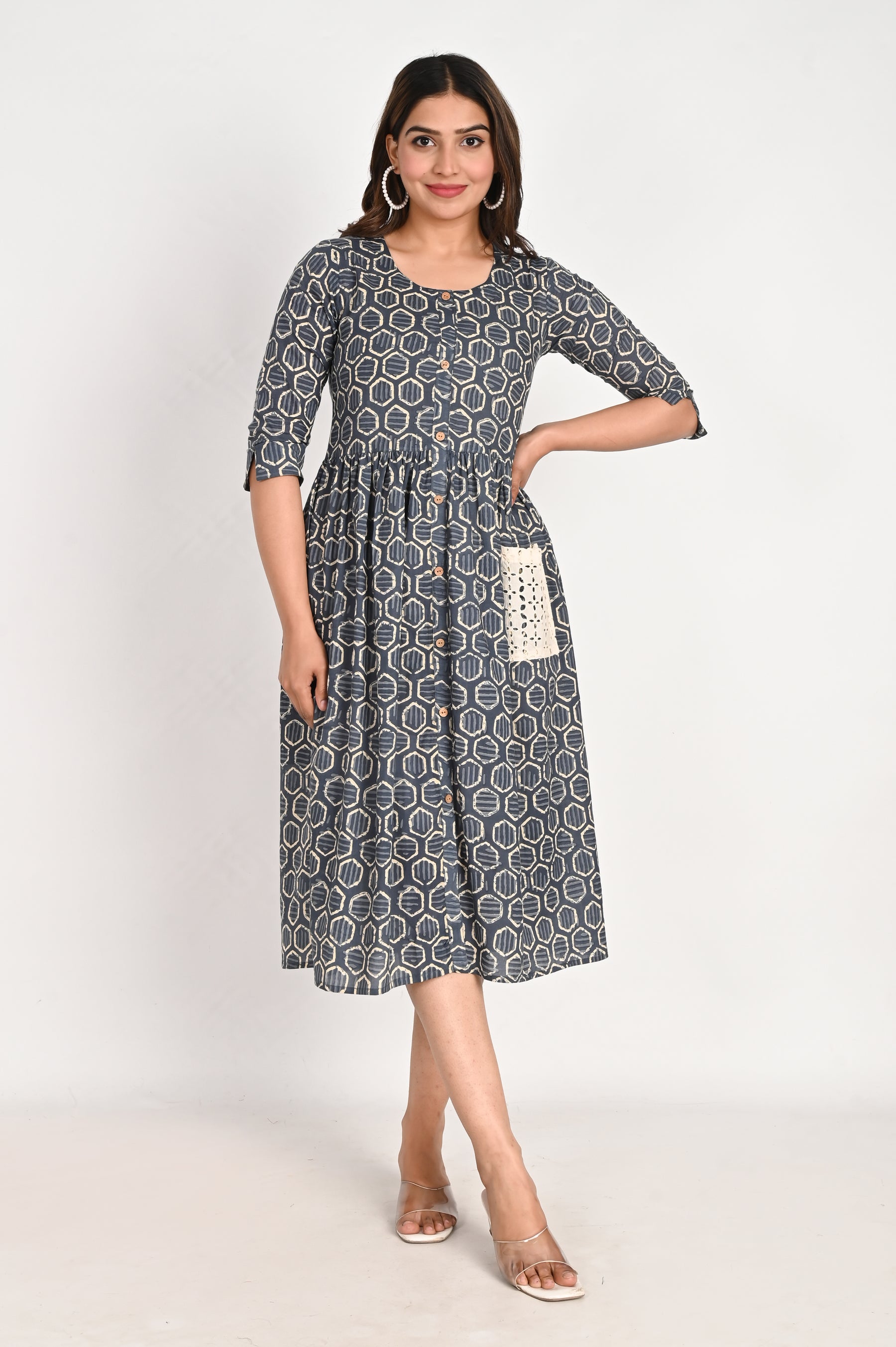 Cotton Midi Blue A line Dress with Schiffli pockets