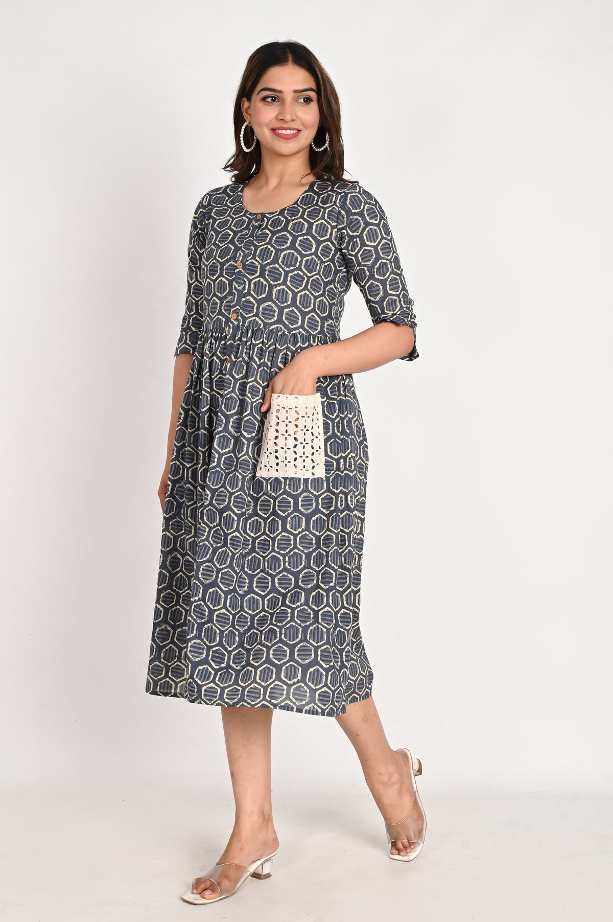 Cotton Midi Blue A line Dress with Schiffli pockets