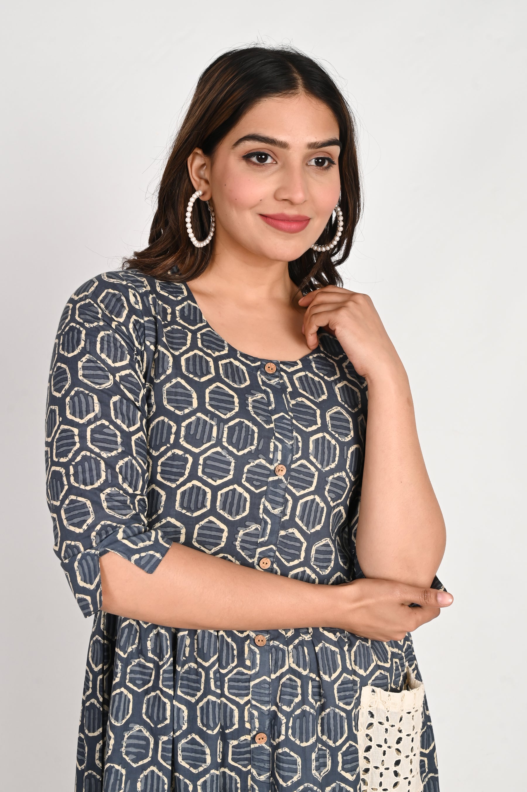 Cotton Midi Blue A line Dress with Schiffli pockets